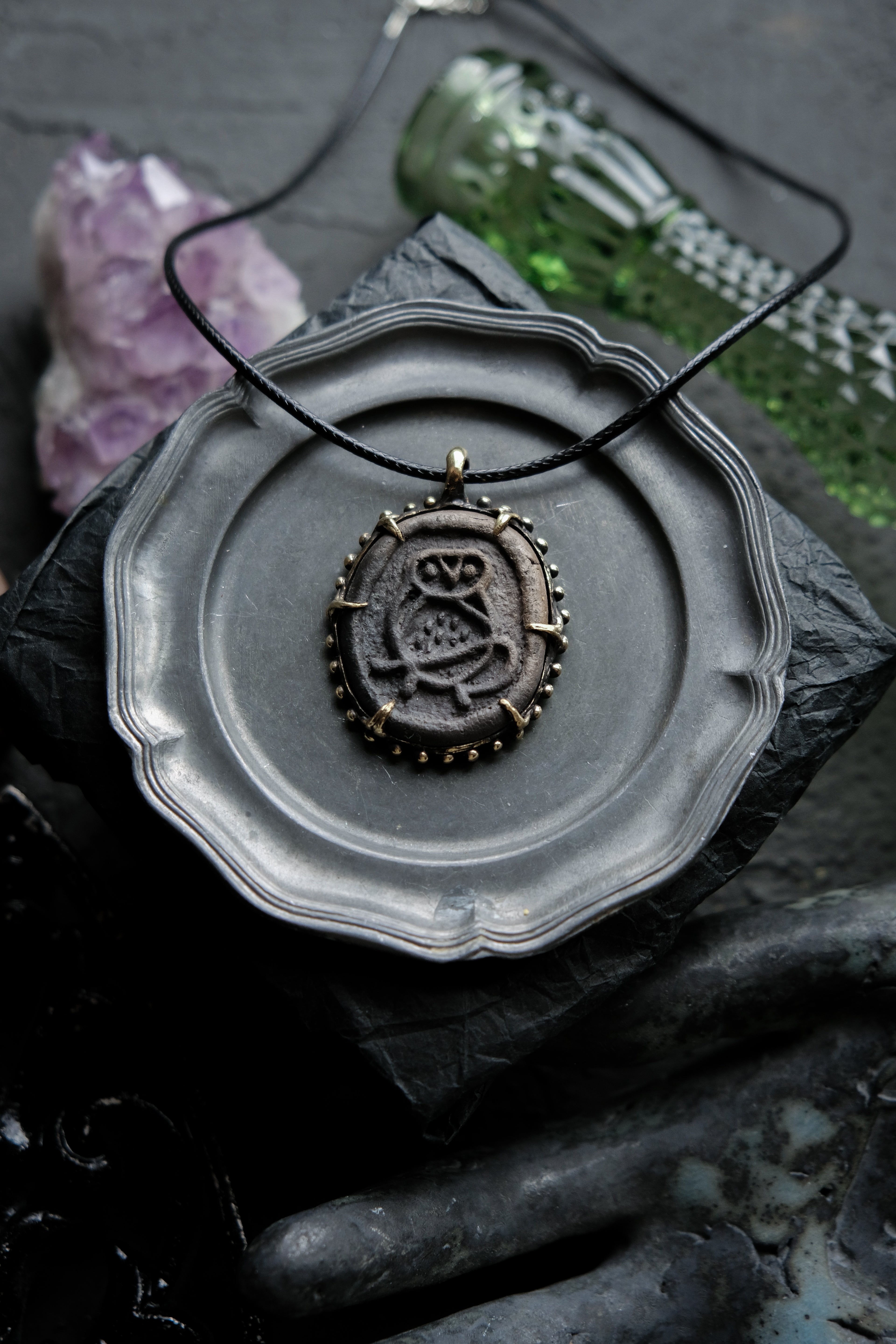 Forest brass pendant with ceramic cabochon