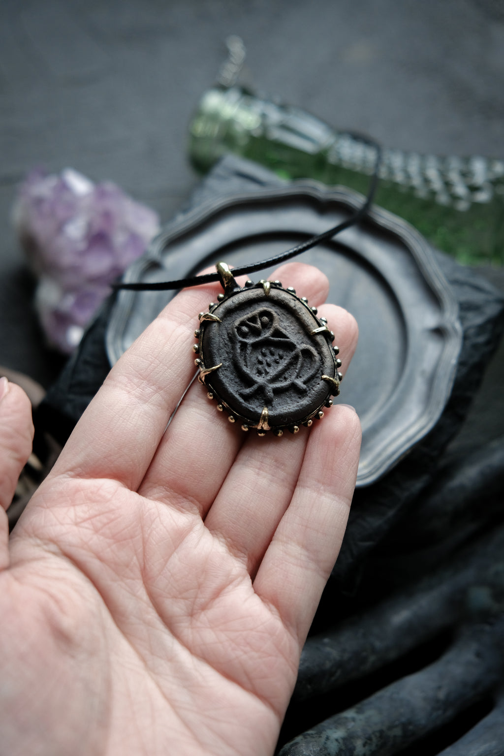 Forest brass pendant with ceramic cabochon