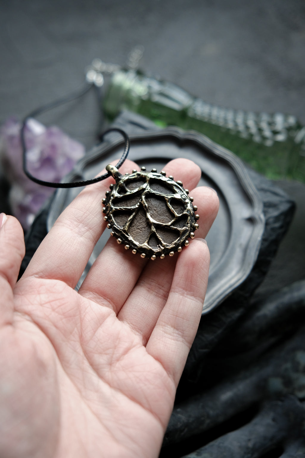 Forest brass pendant with ceramic cabochon