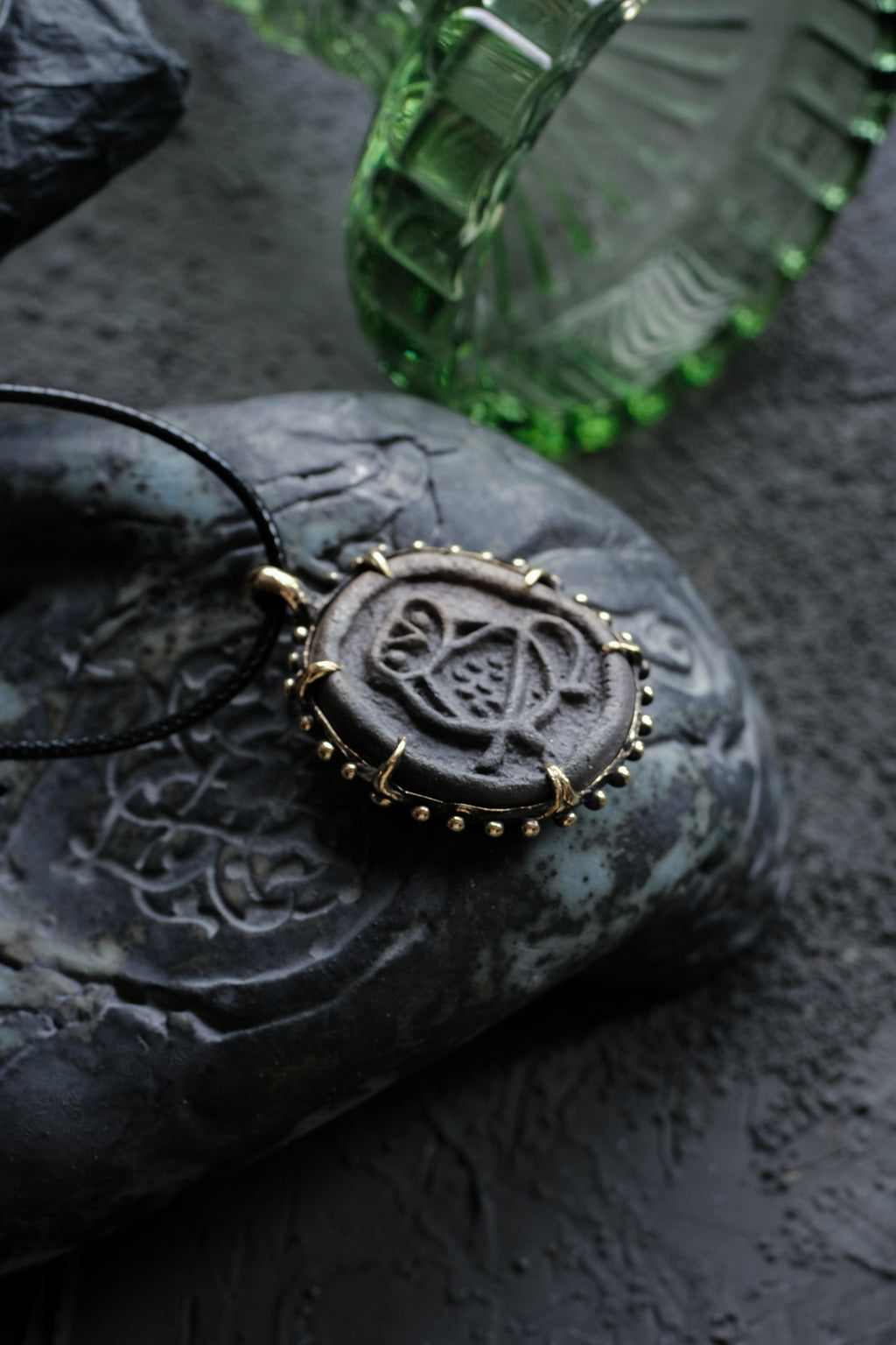 Forest brass pendant with ceramic cabochon