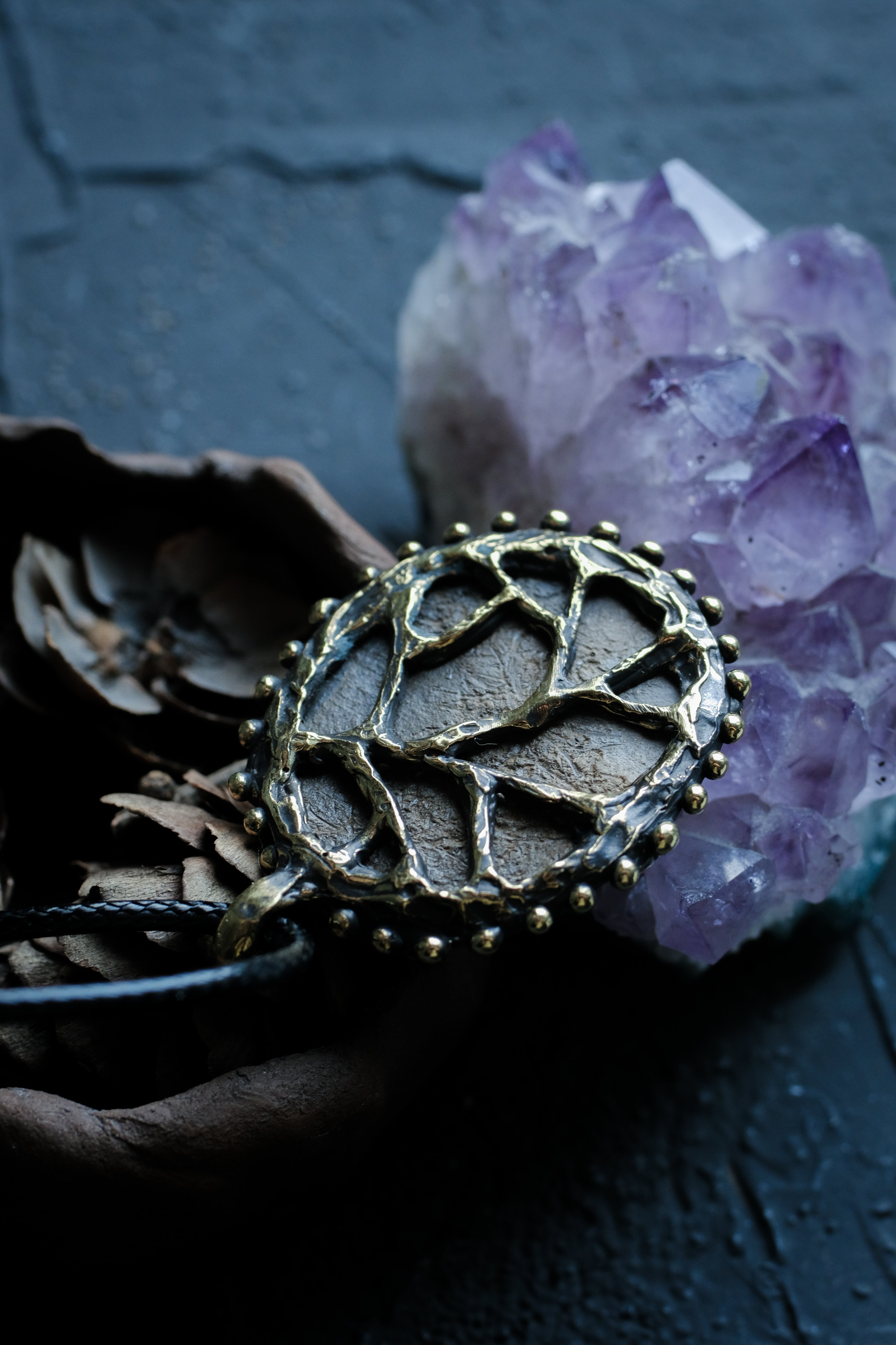 Forest brass pendant with ceramic cabochon