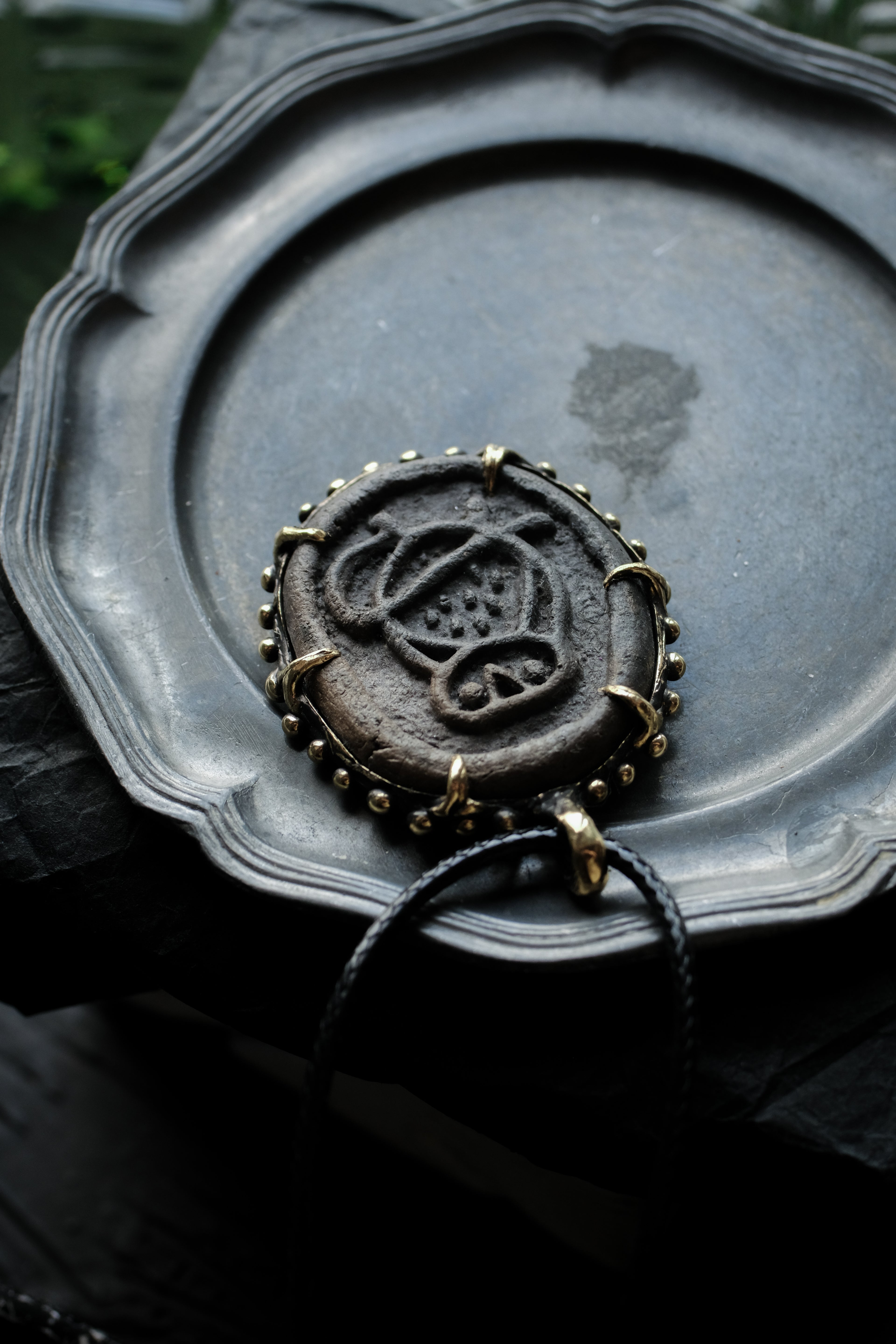 Forest brass pendant with ceramic cabochon