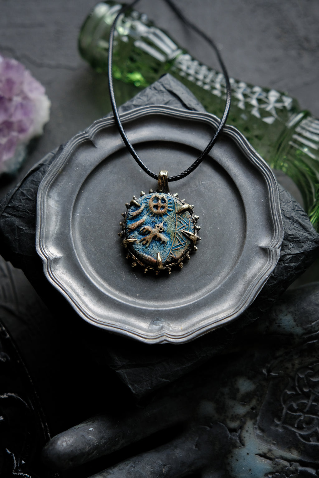 Brass pendant with owl ceramic cabochon