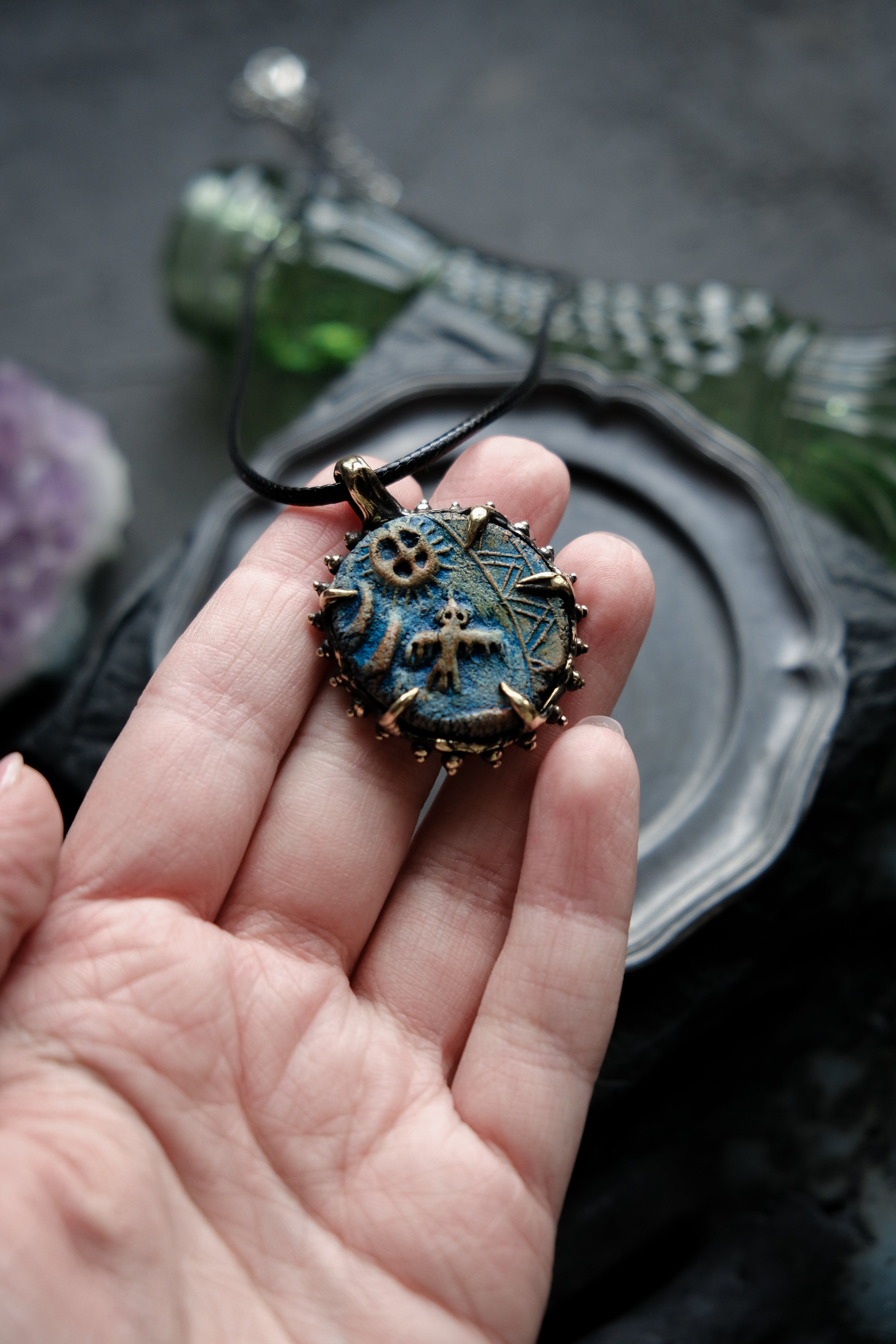 Brass pendant with owl ceramic cabochon