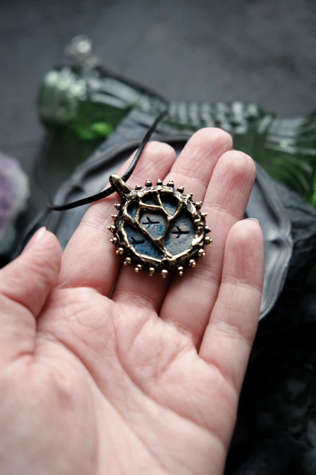 Brass pendant with owl ceramic cabochon
