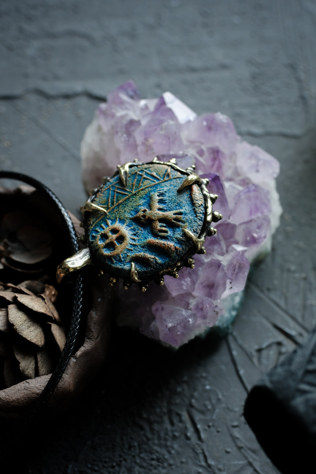 Brass pendant with owl ceramic cabochon