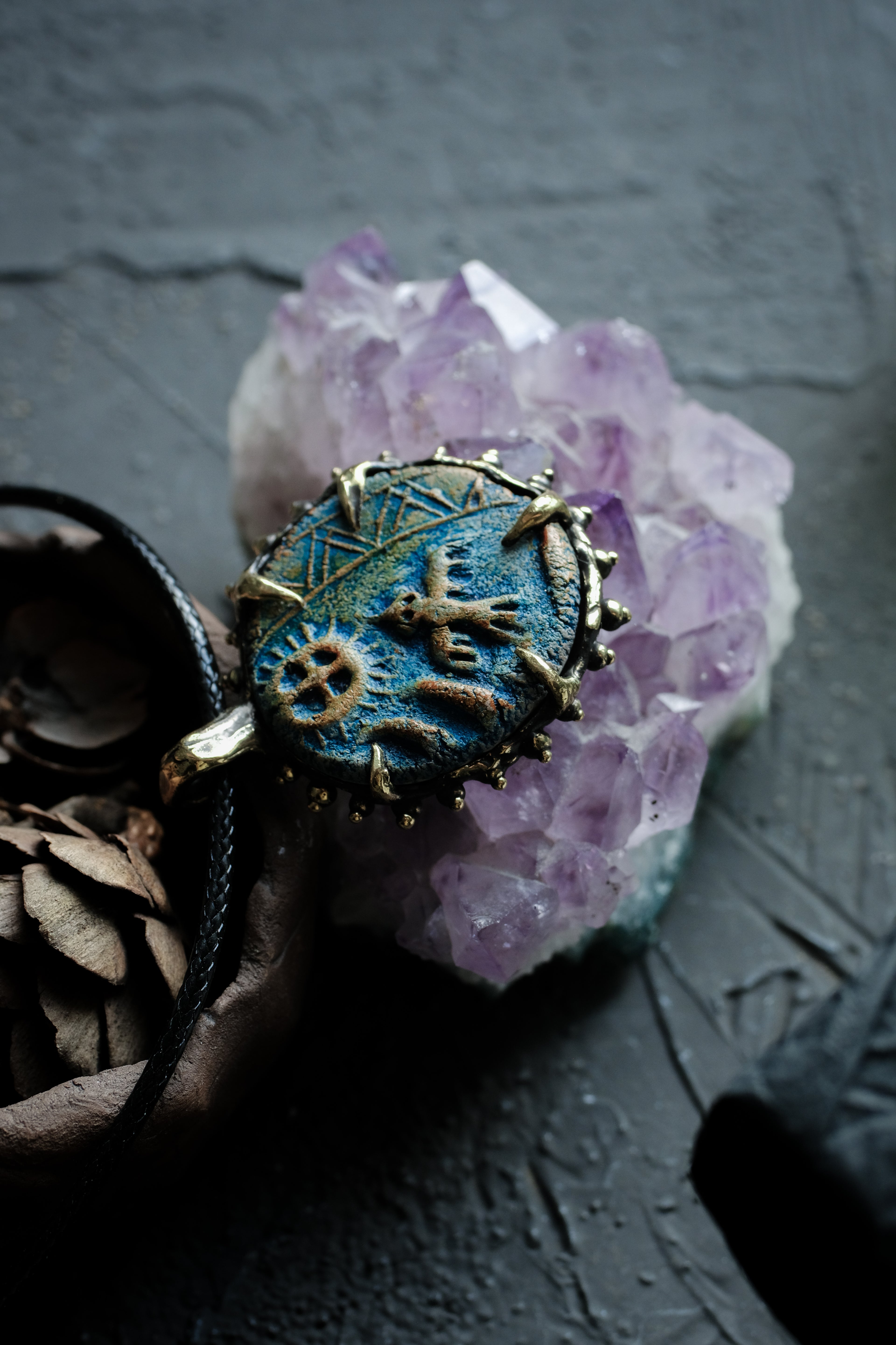 Brass pendant with owl ceramic cabochon