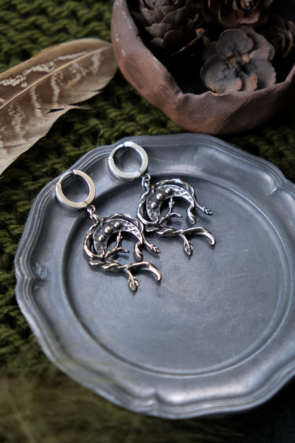 Crescent moon forest earrings