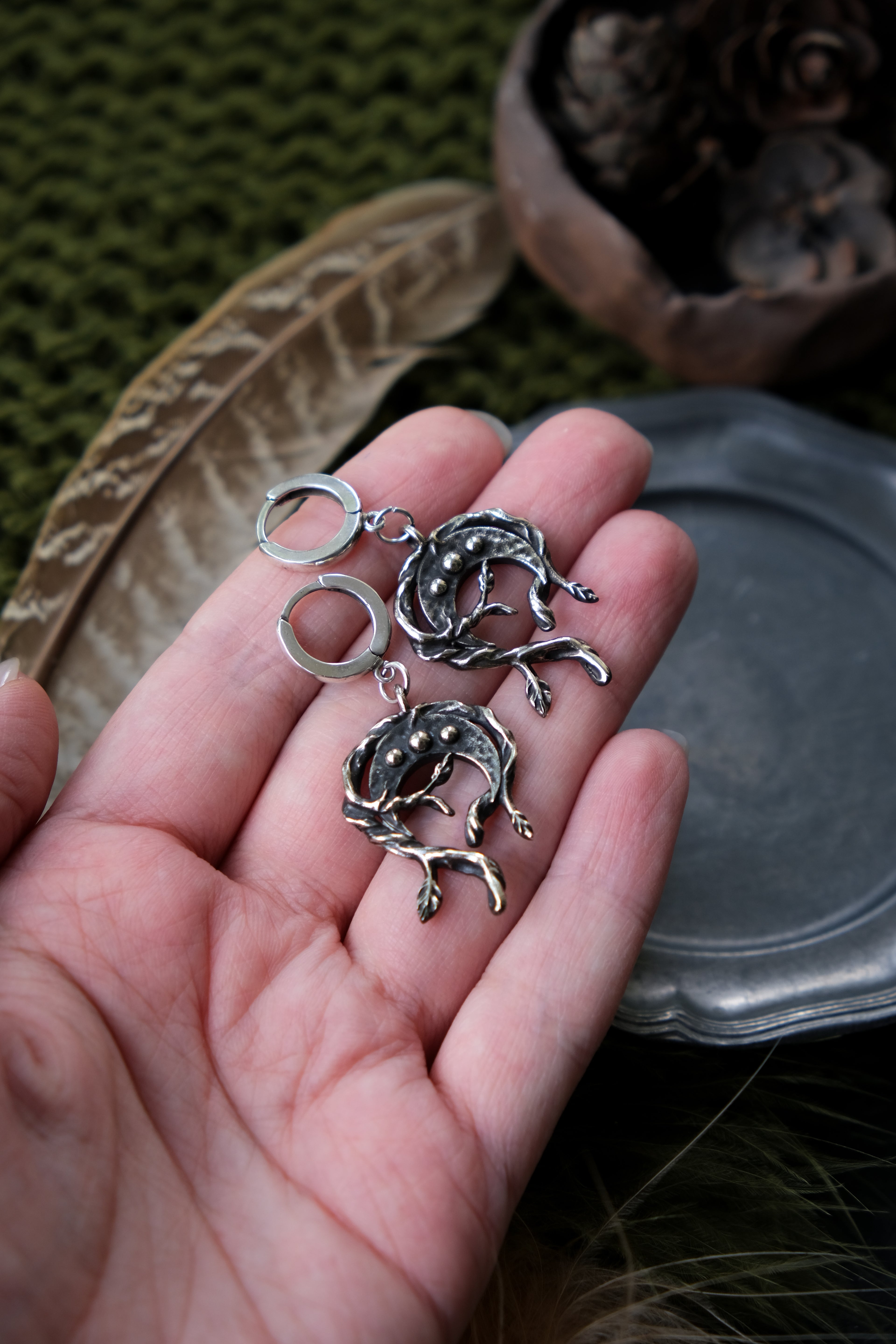 Crescent moon forest earrings