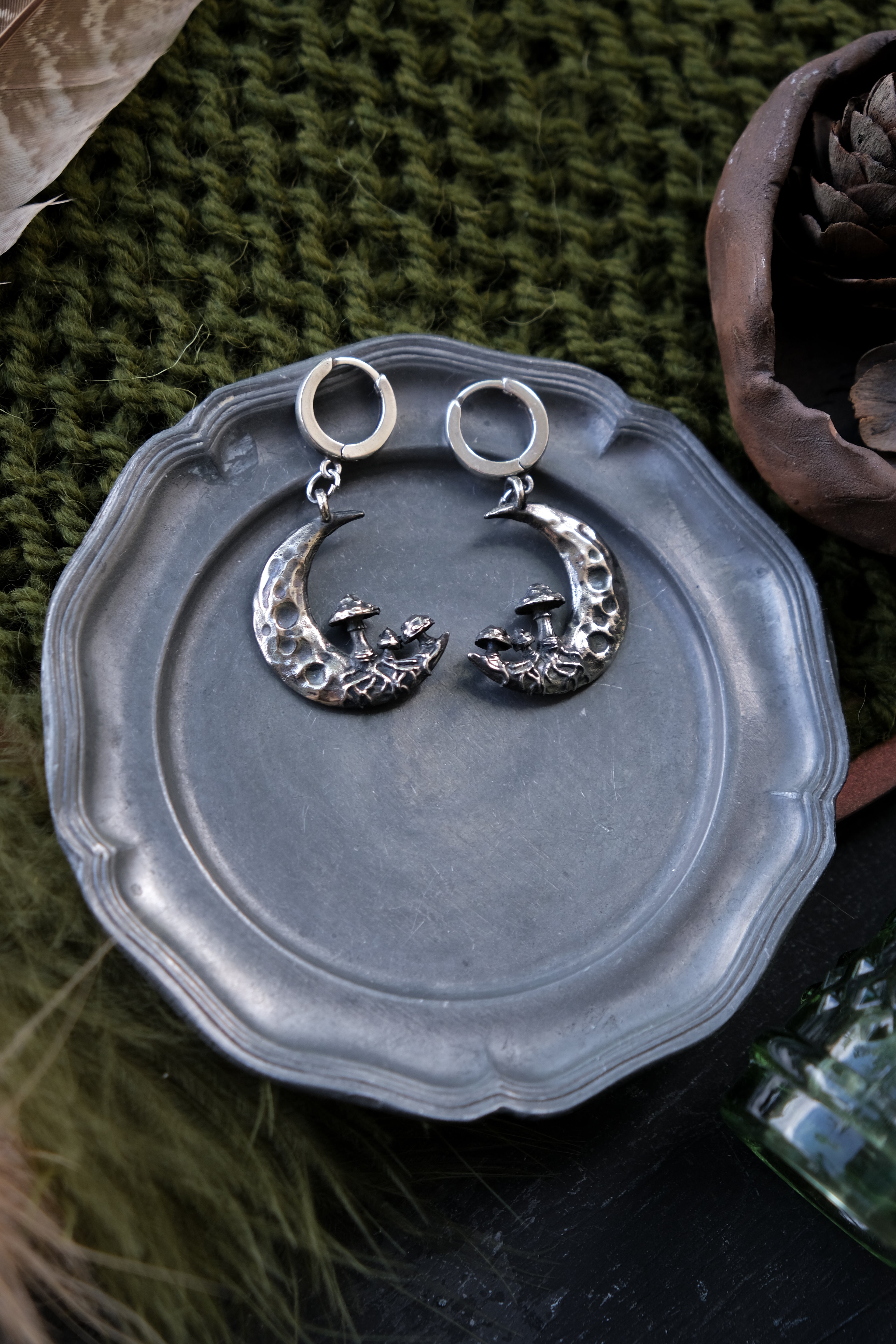 Crescent moon with mushrooms earrings