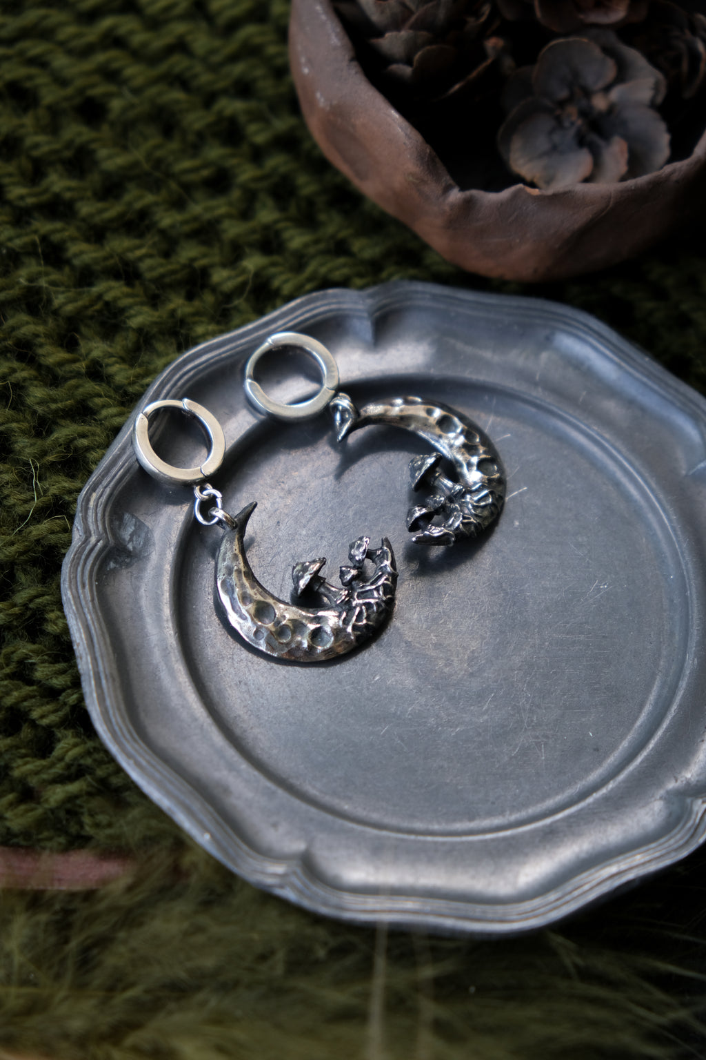 Crescent moon with mushrooms earrings
