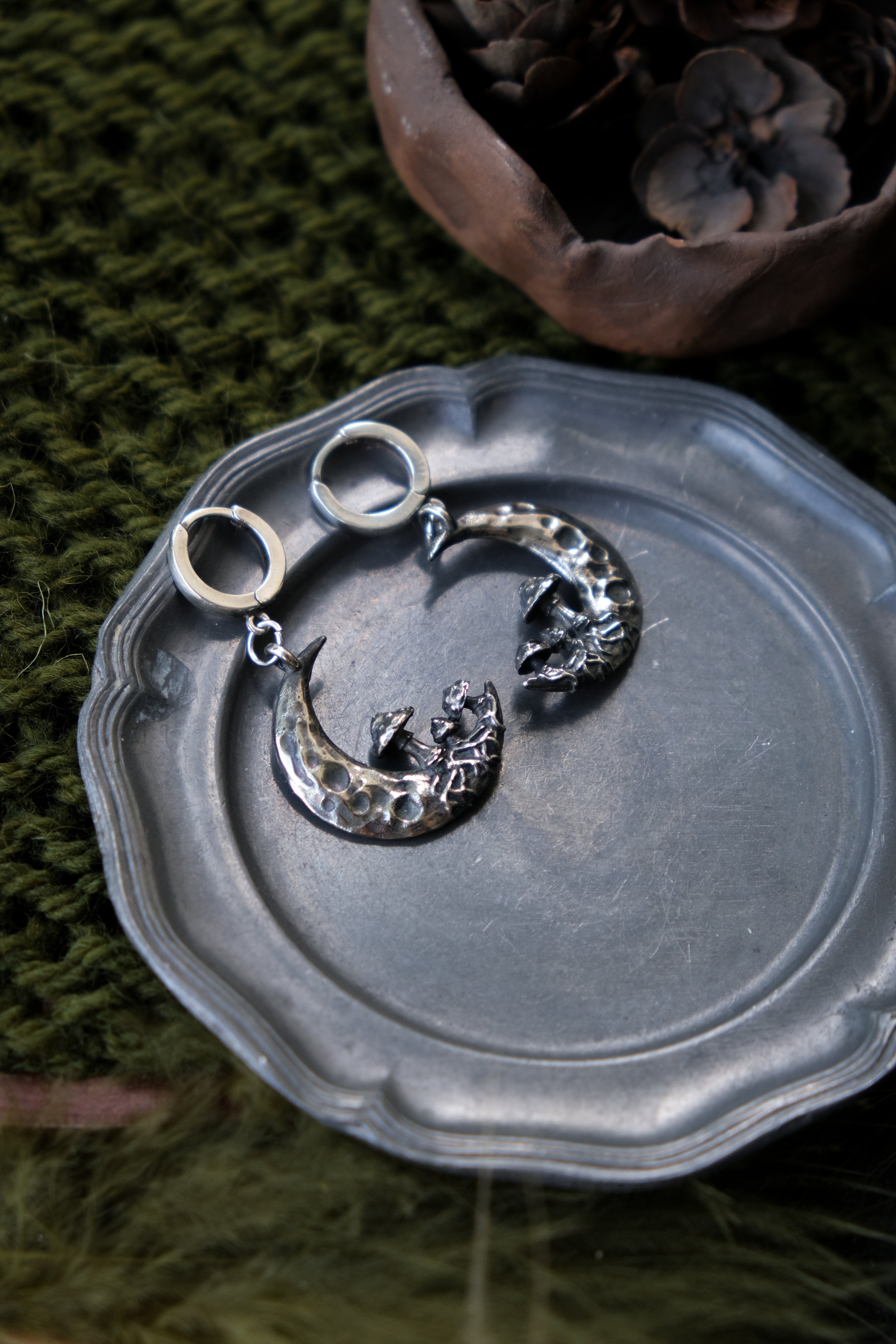 Crescent moon with mushrooms earrings