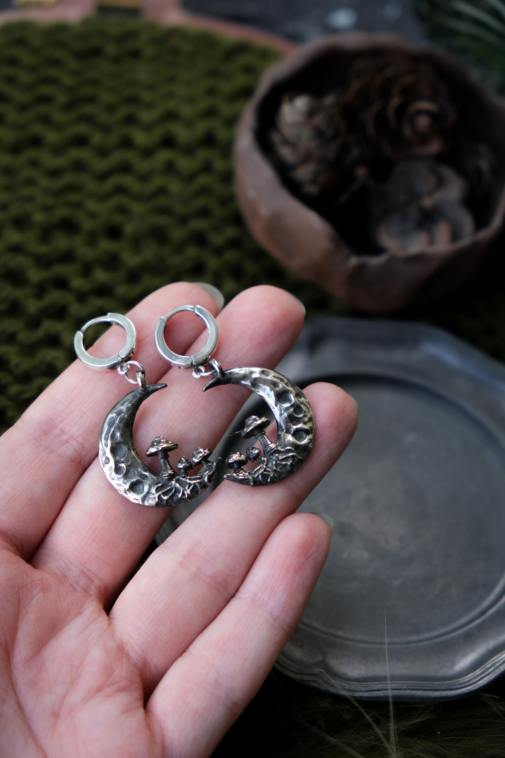 Crescent moon with mushrooms earrings