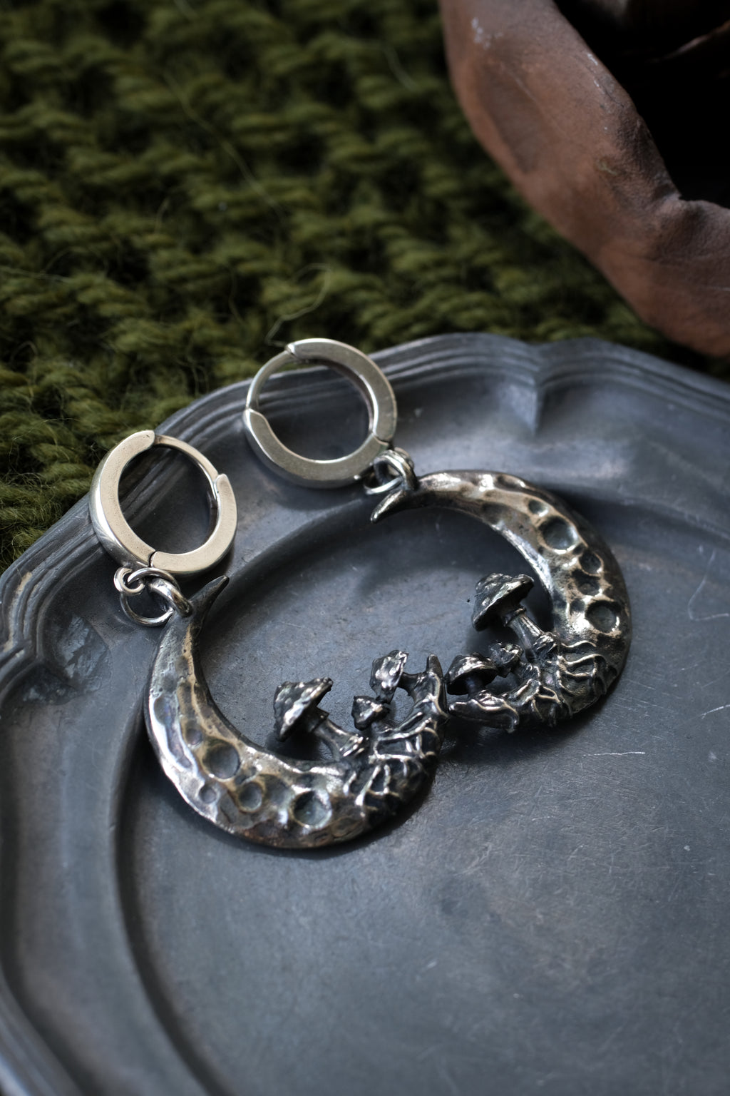 Crescent moon with mushrooms earrings