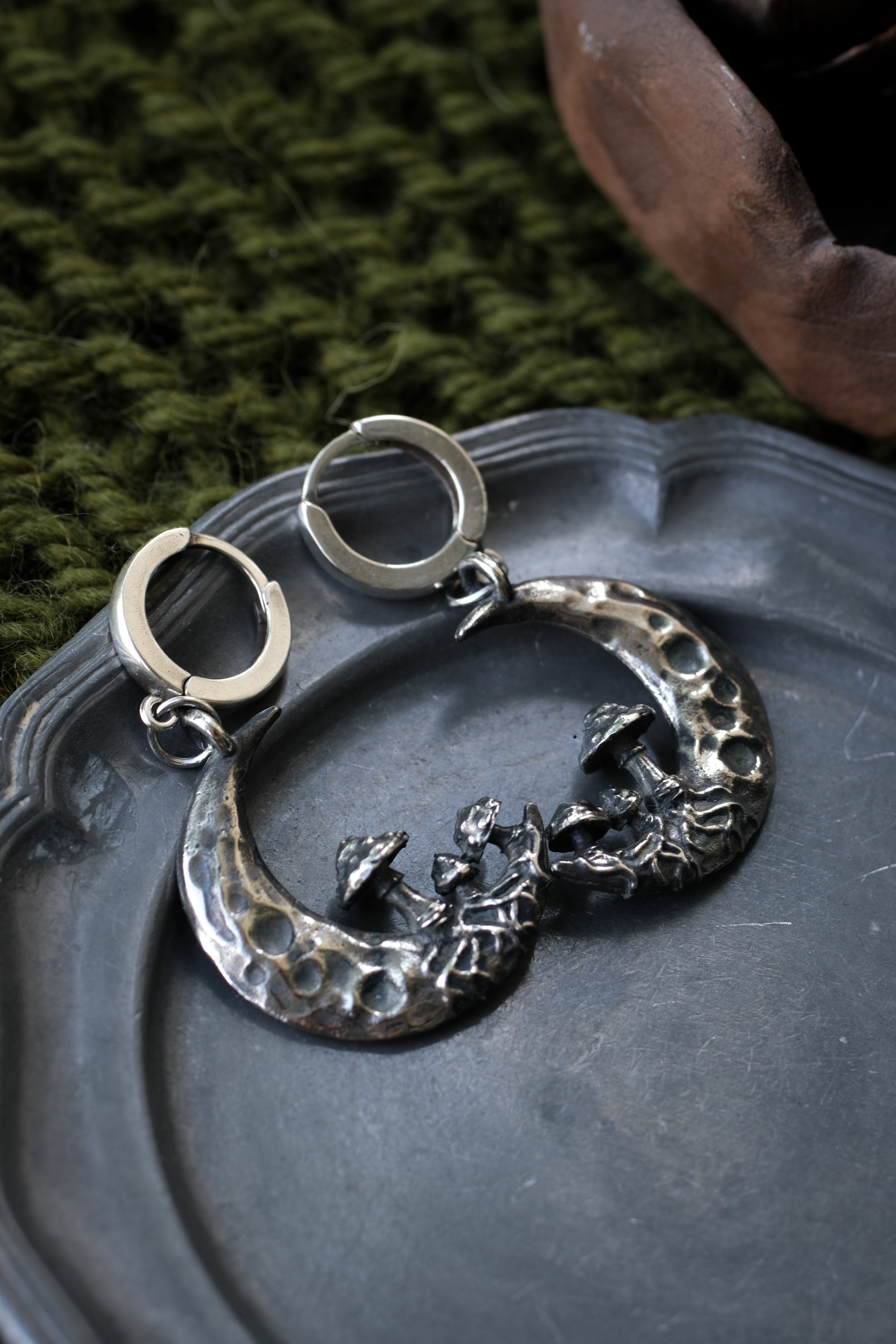 Crescent moon with mushrooms earrings
