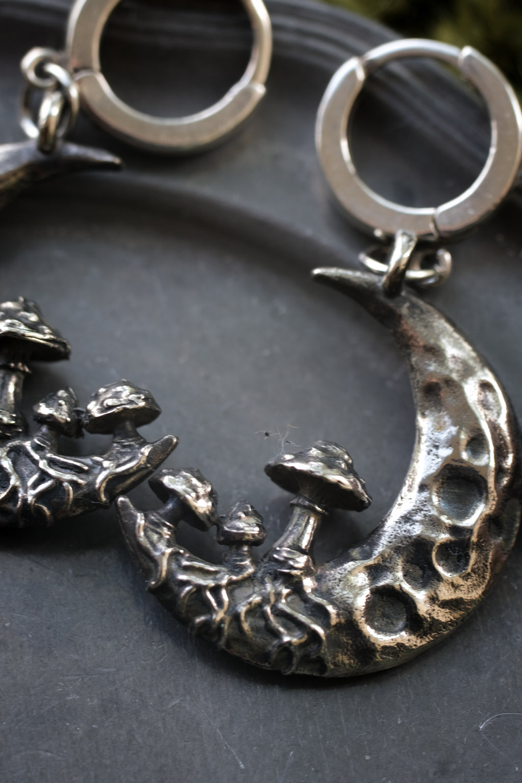 Crescent moon with mushrooms earrings