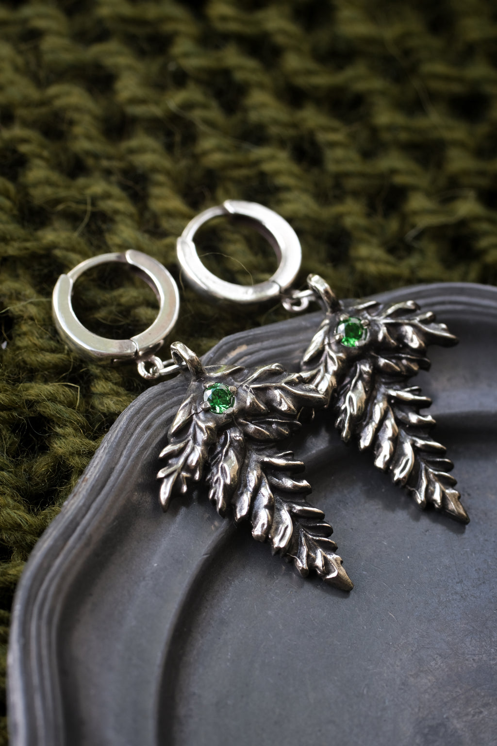 Fern earrings with green fianite