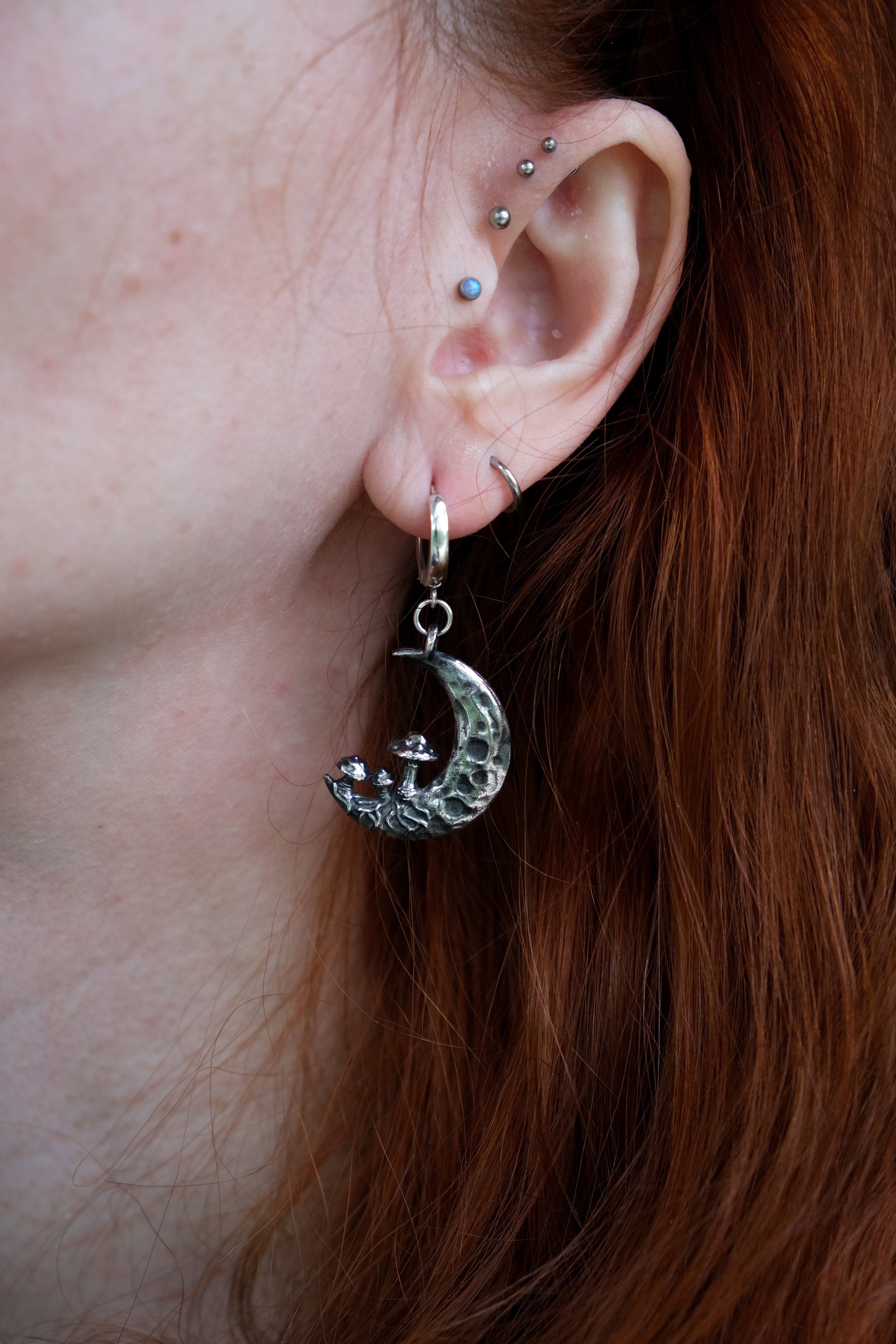 Crescent moon with mushrooms earrings