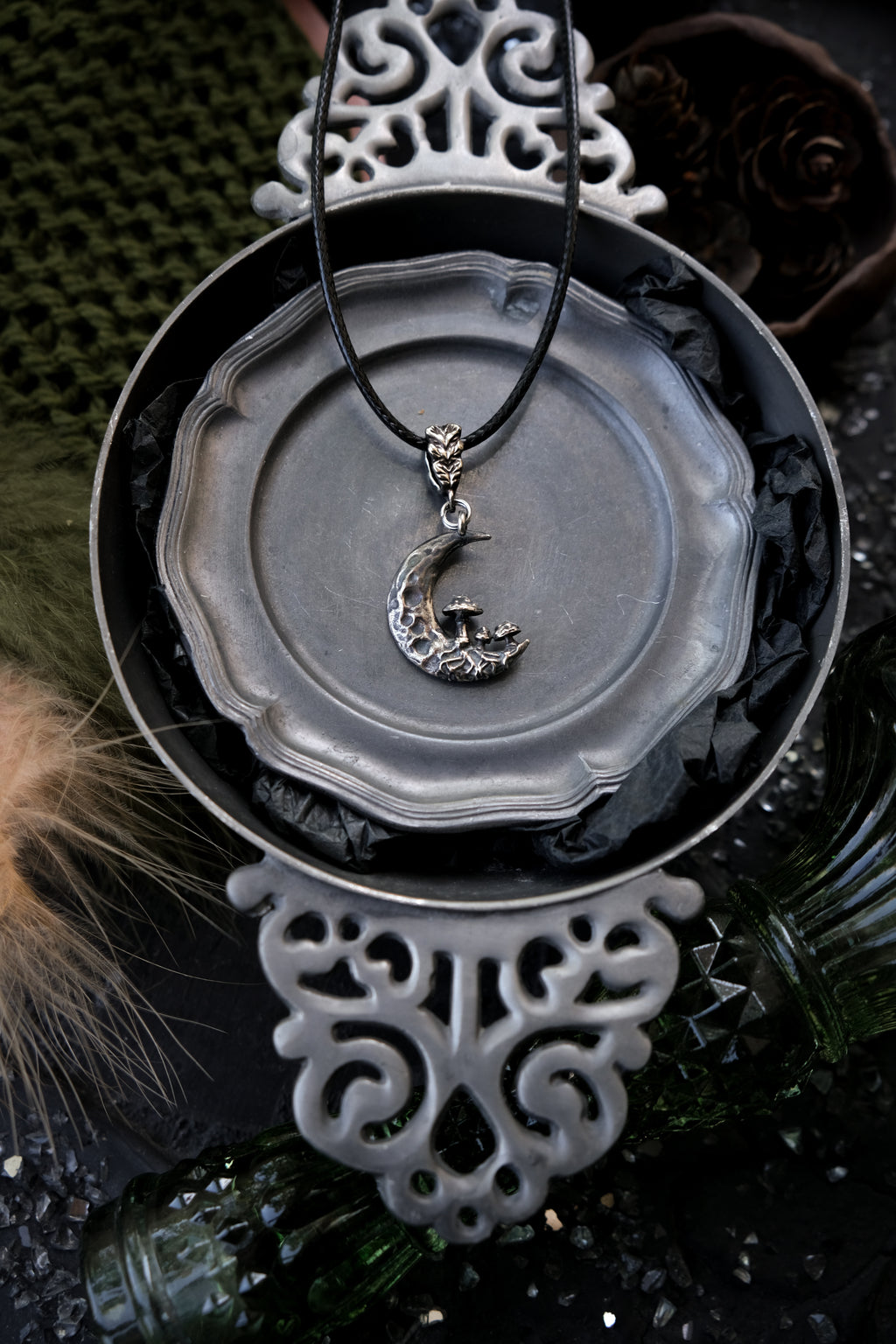 Crescent moon with mushrooms pendant