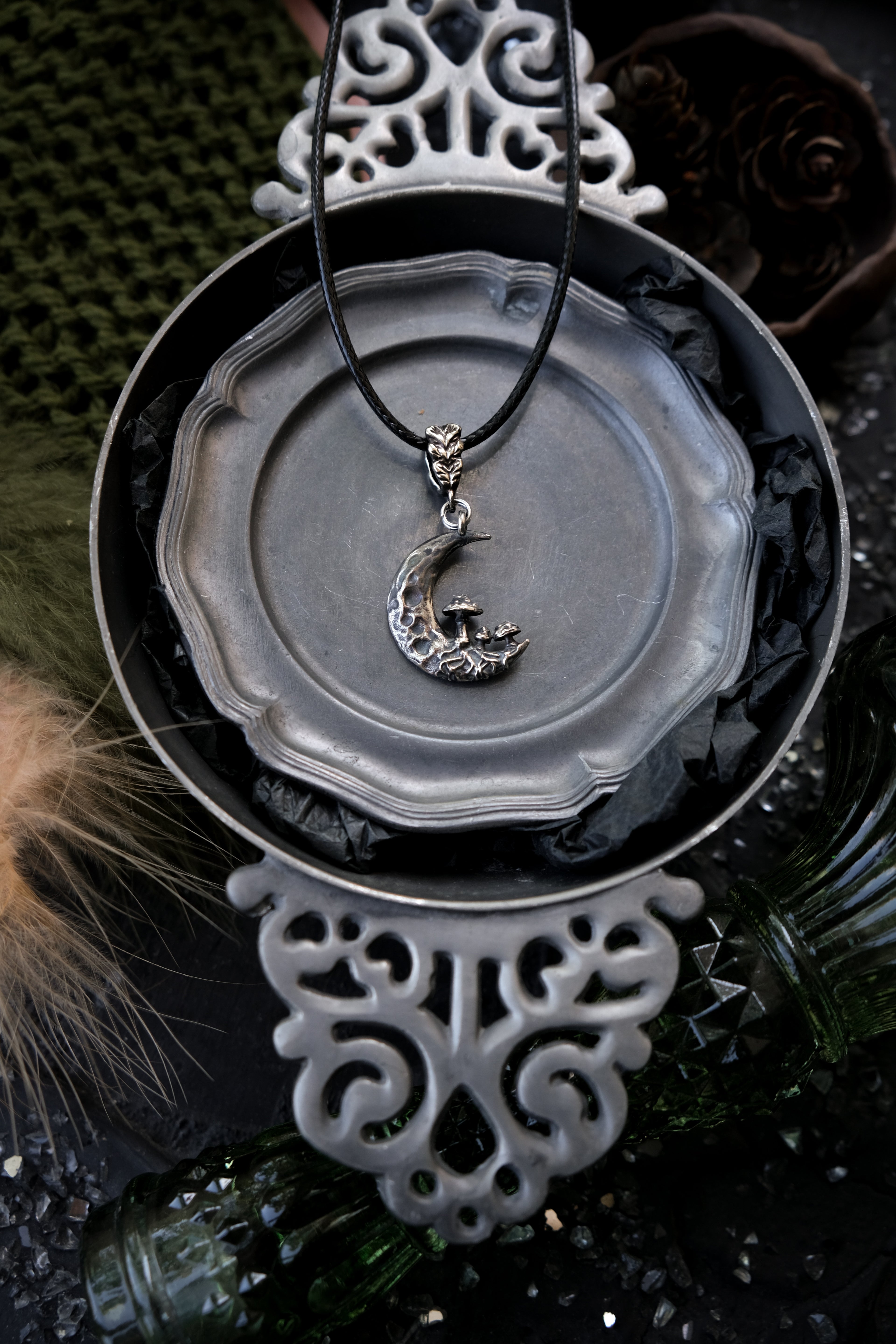 Crescent moon with mushrooms pendant