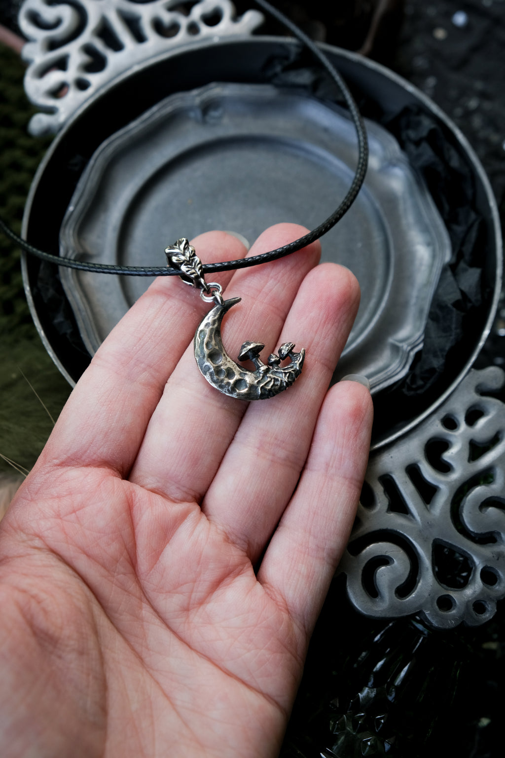 Crescent moon with mushrooms pendant