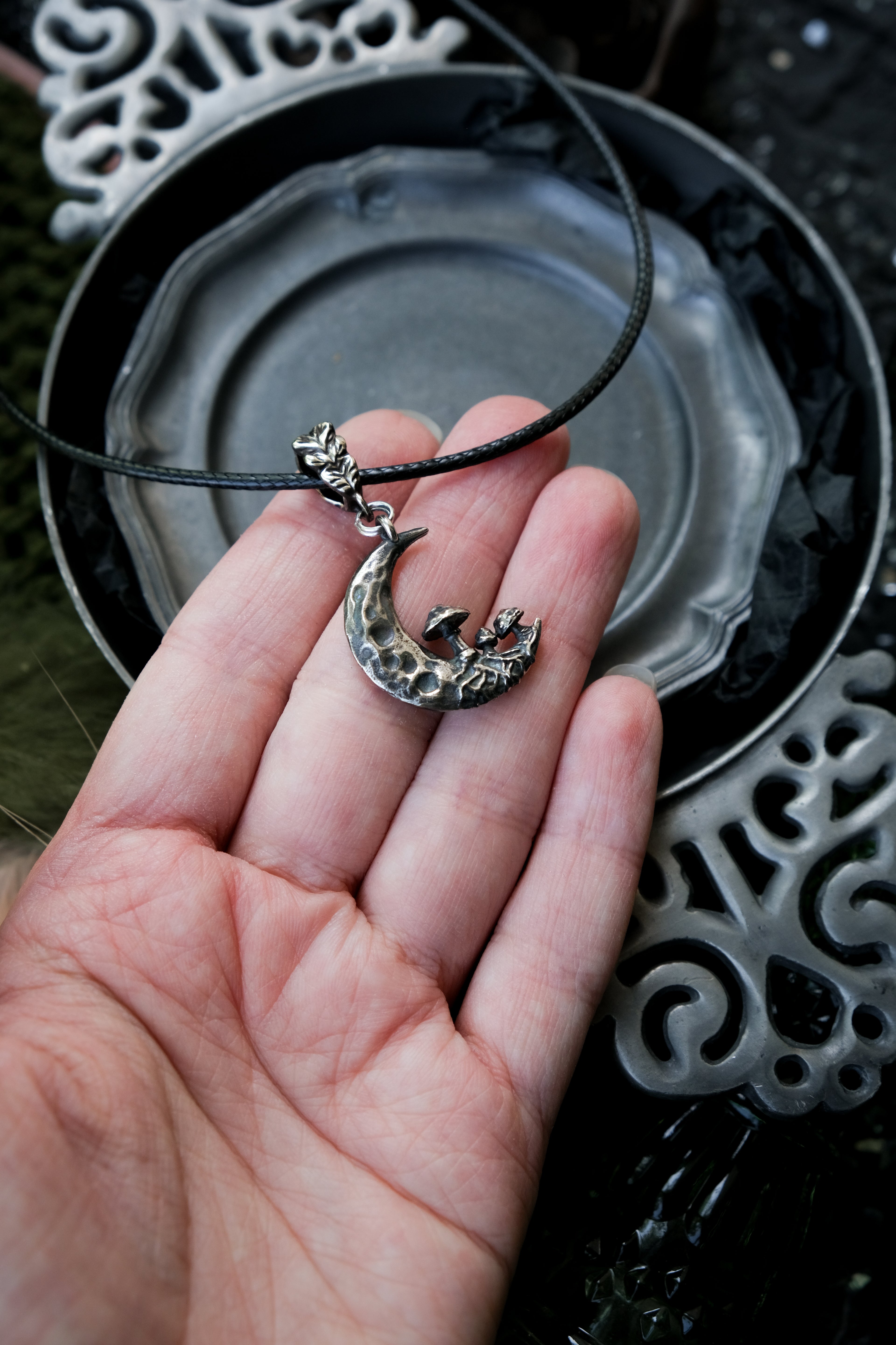 Crescent moon with mushrooms pendant