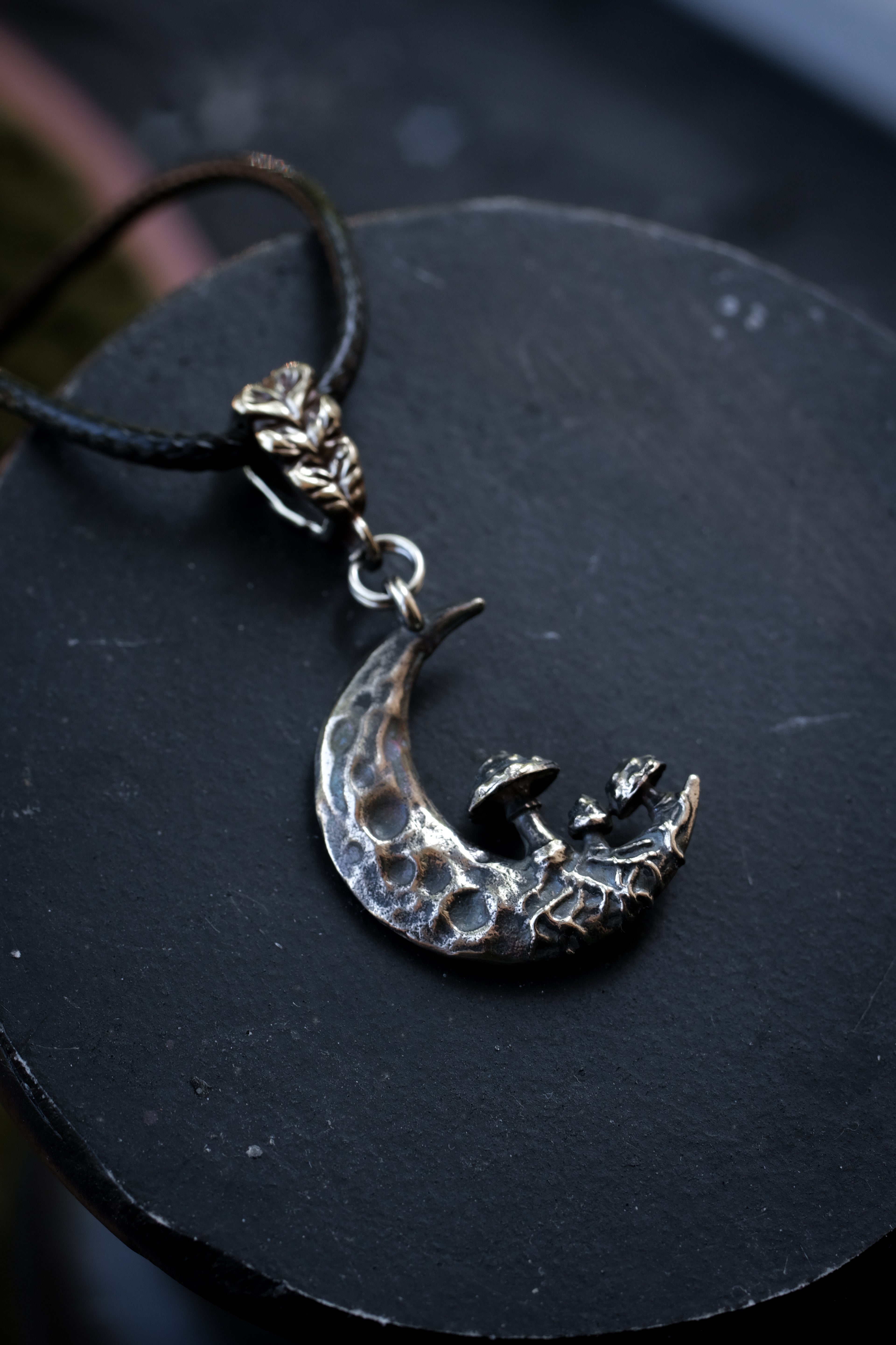 Crescent moon with mushrooms pendant