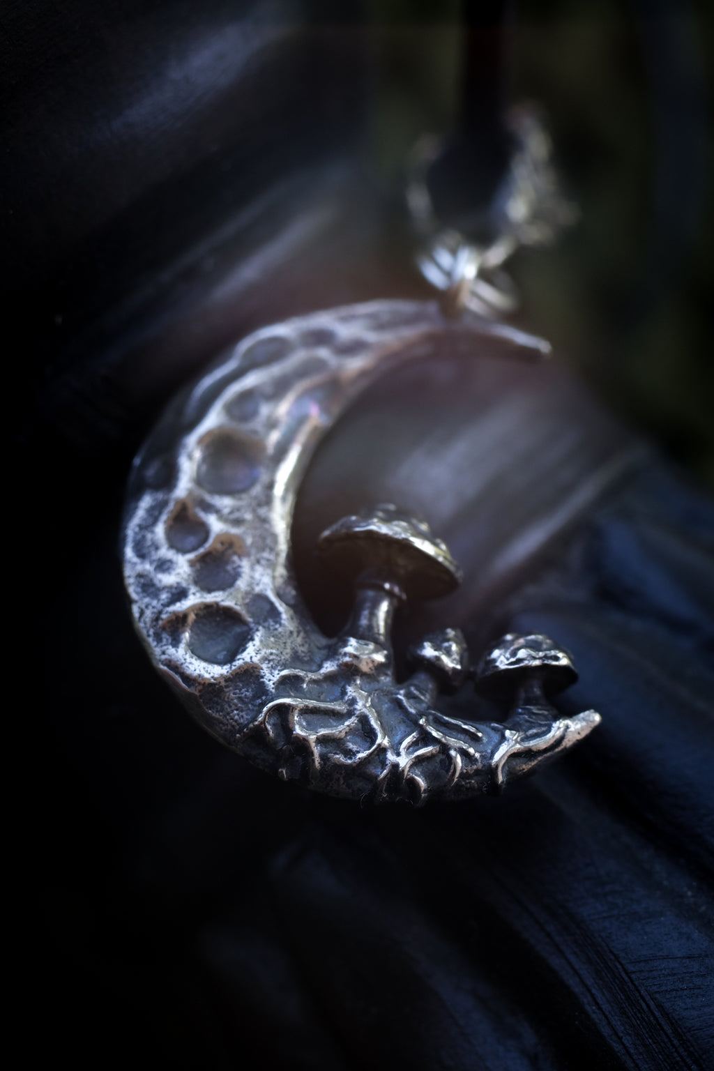 Crescent moon with mushrooms pendant