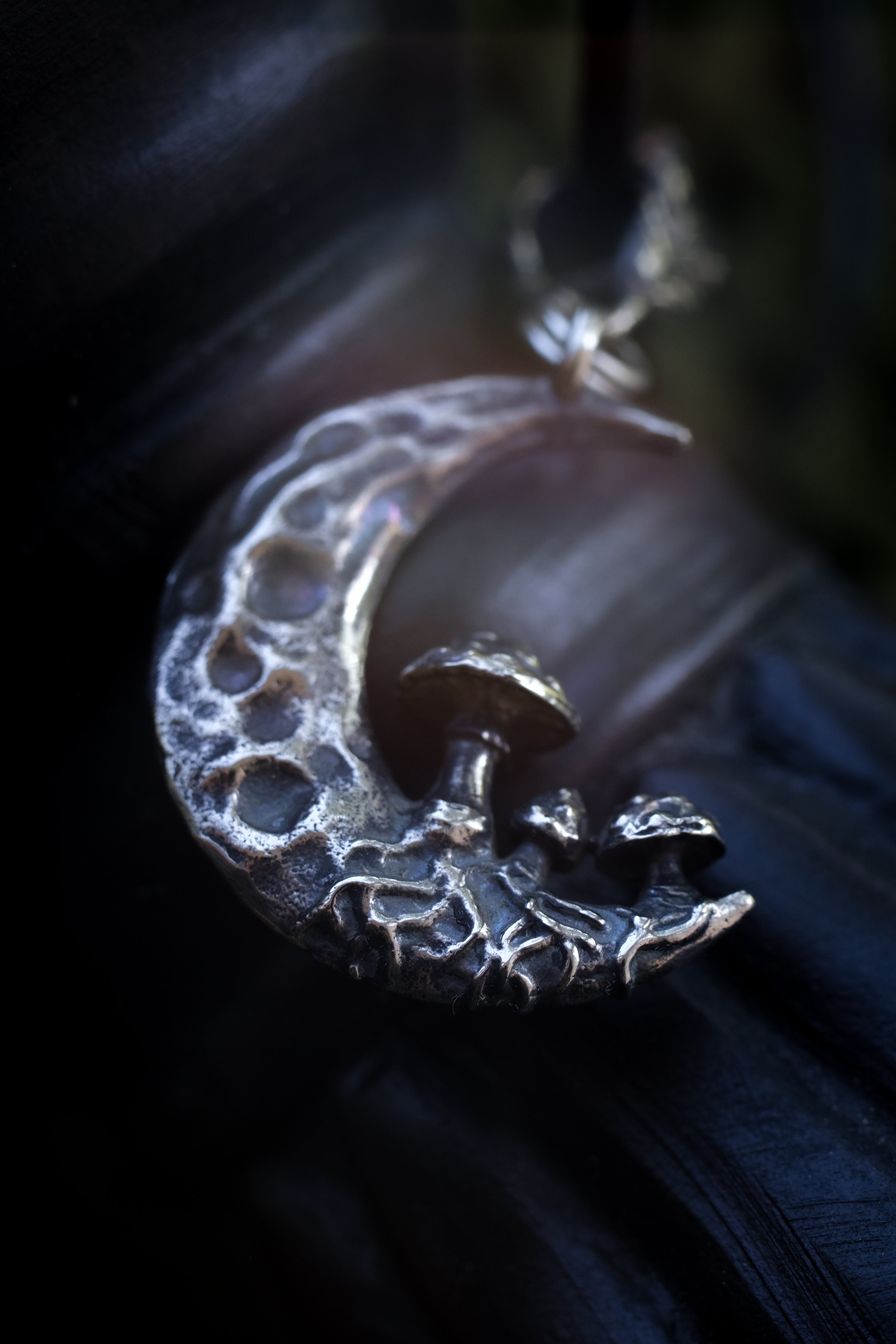 Crescent moon with mushrooms pendant