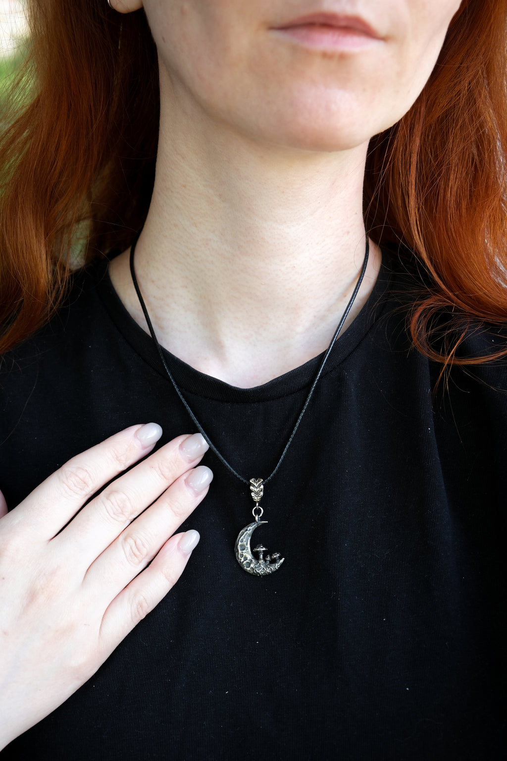 Crescent moon with mushrooms pendant