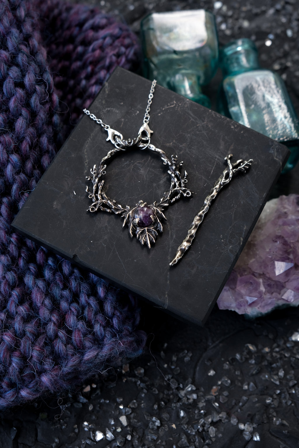 Elven leaf hairpin with amethyst 2