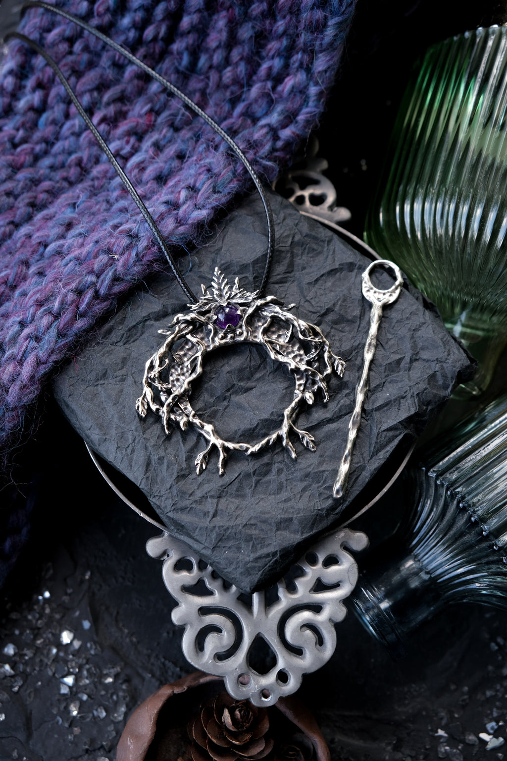 Crescent moon hairpin with amethyst