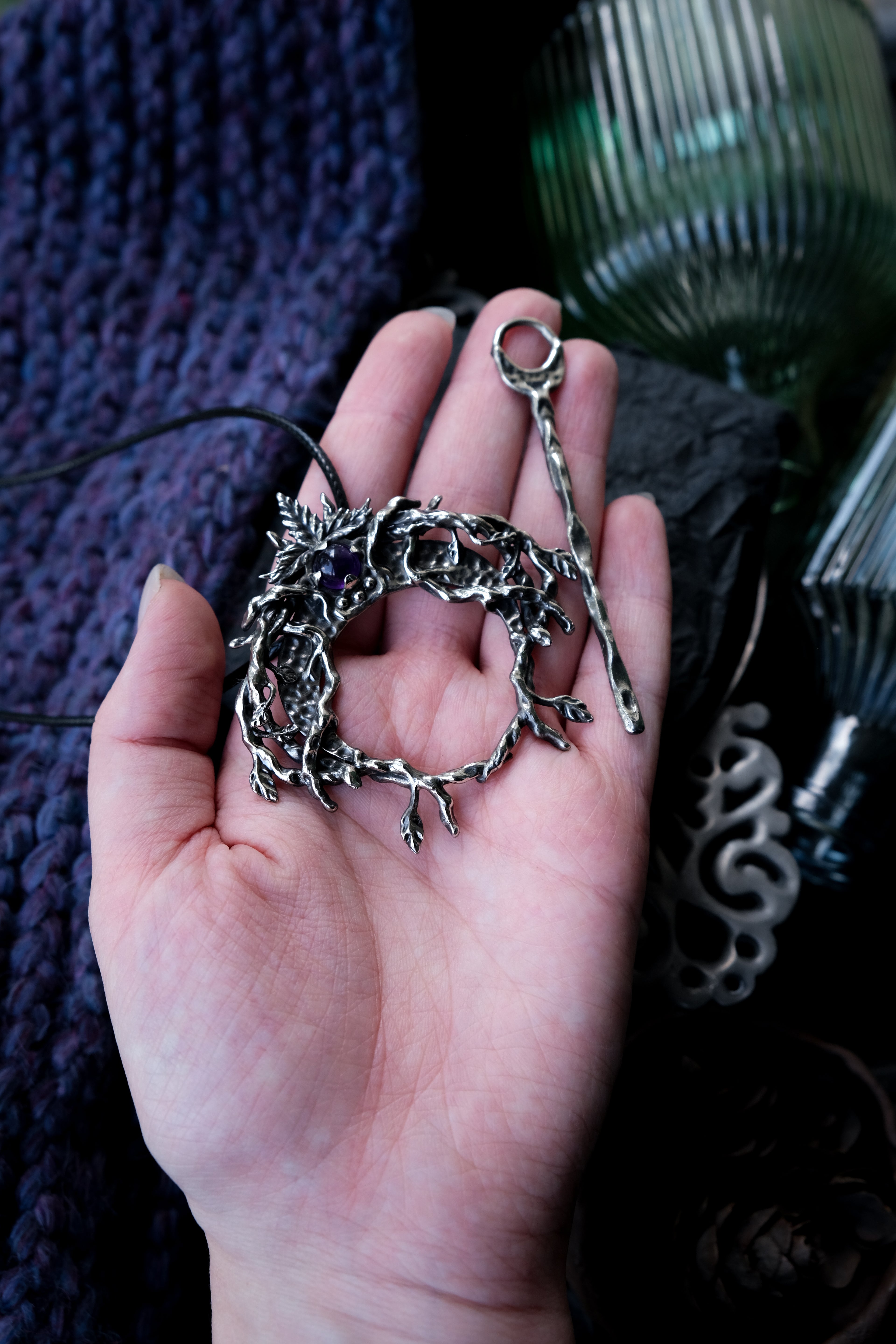 Crescent moon hairpin with amethyst