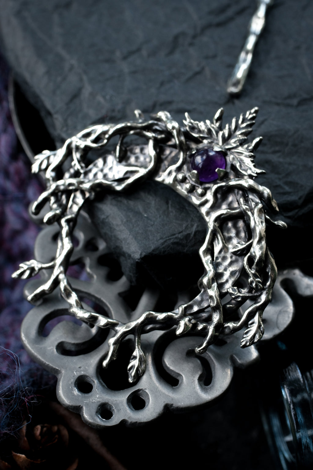 Crescent moon hairpin with amethyst