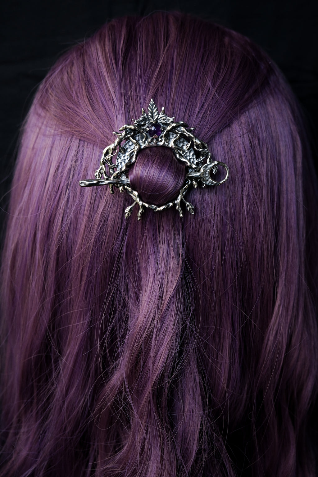 Crescent moon hairpin with amethyst