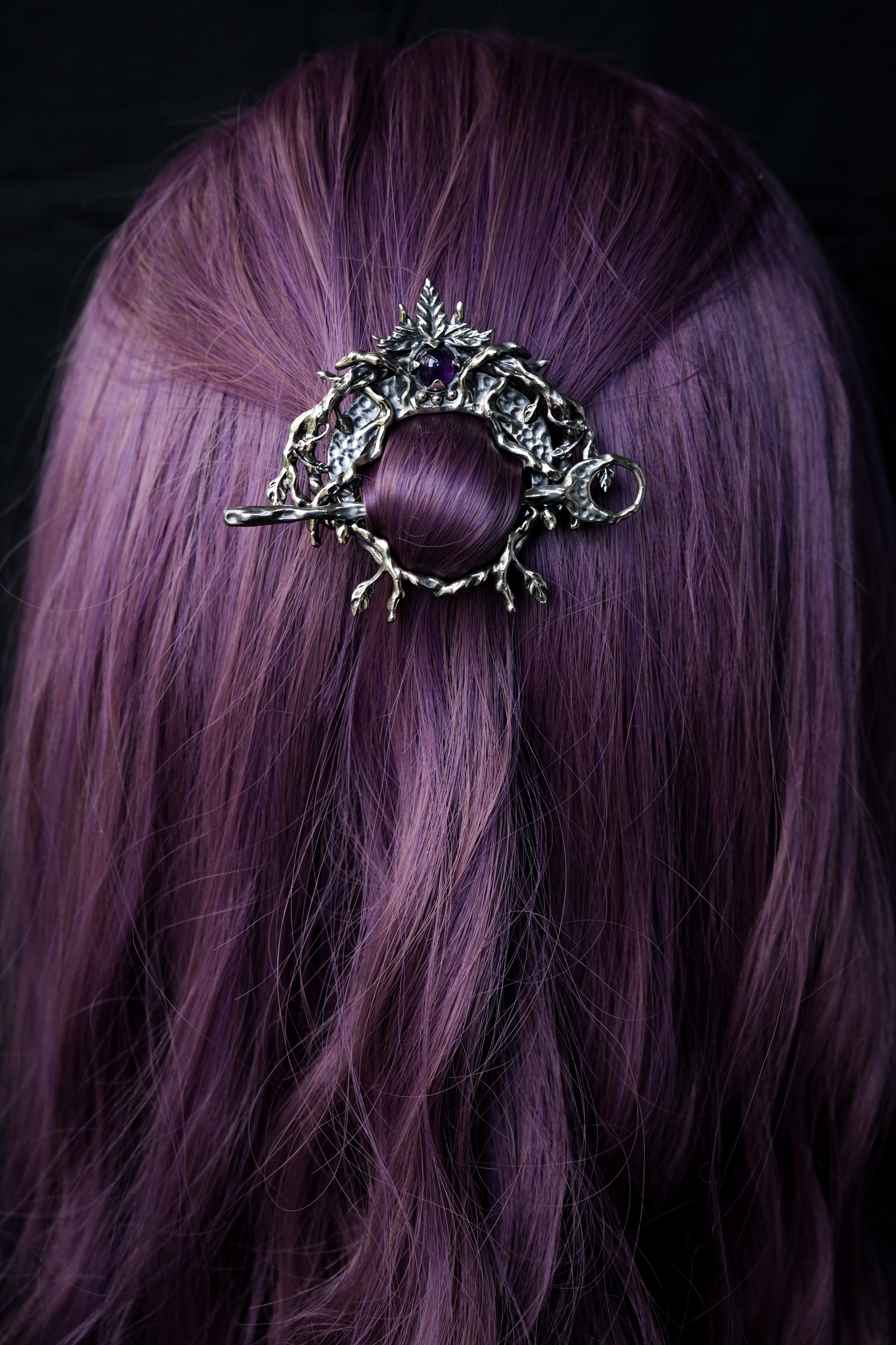 Crescent moon hairpin with amethyst