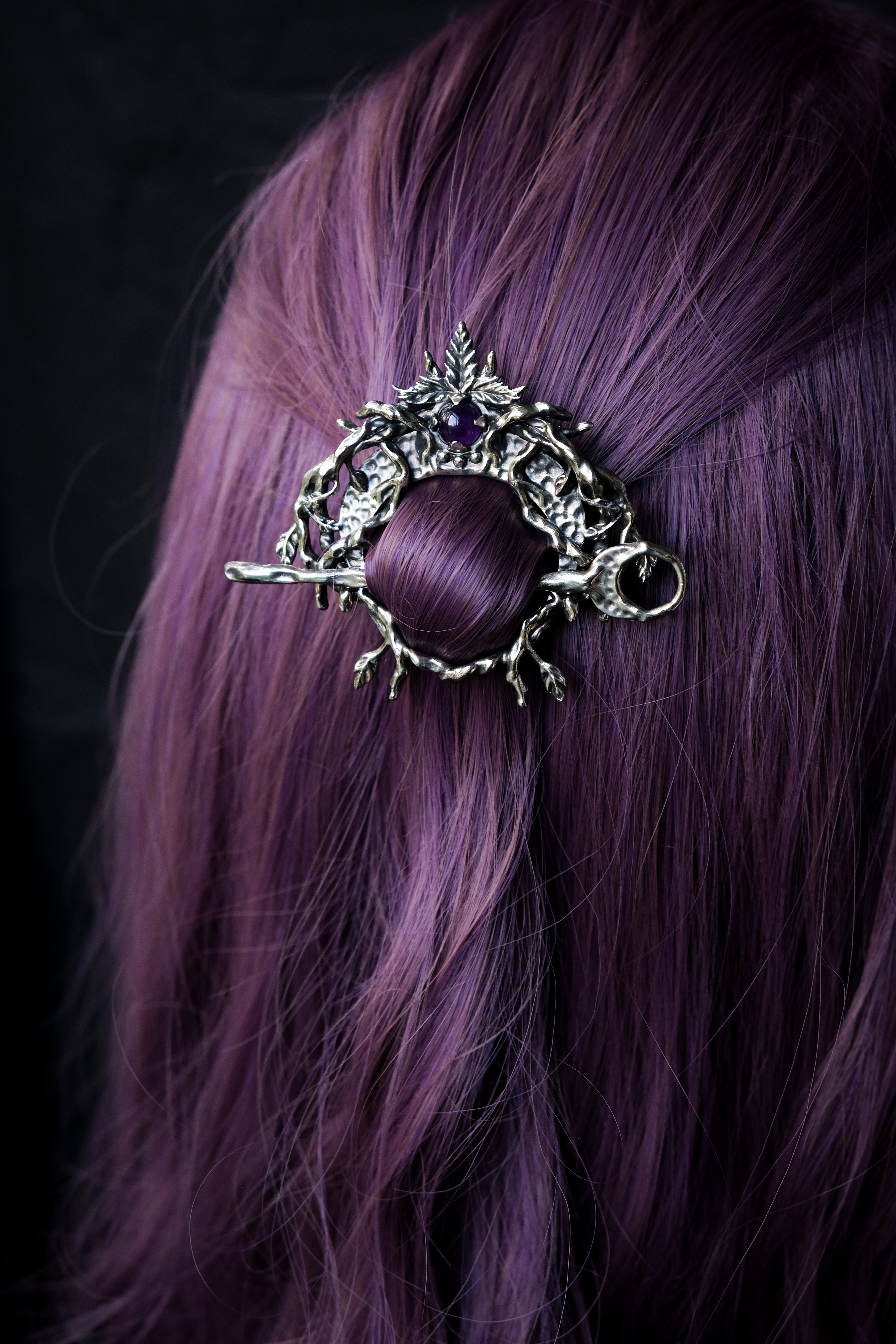 Crescent moon hairpin with amethyst