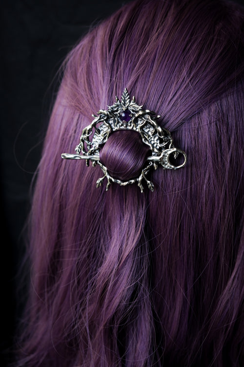 Crescent moon hairpin with amethyst