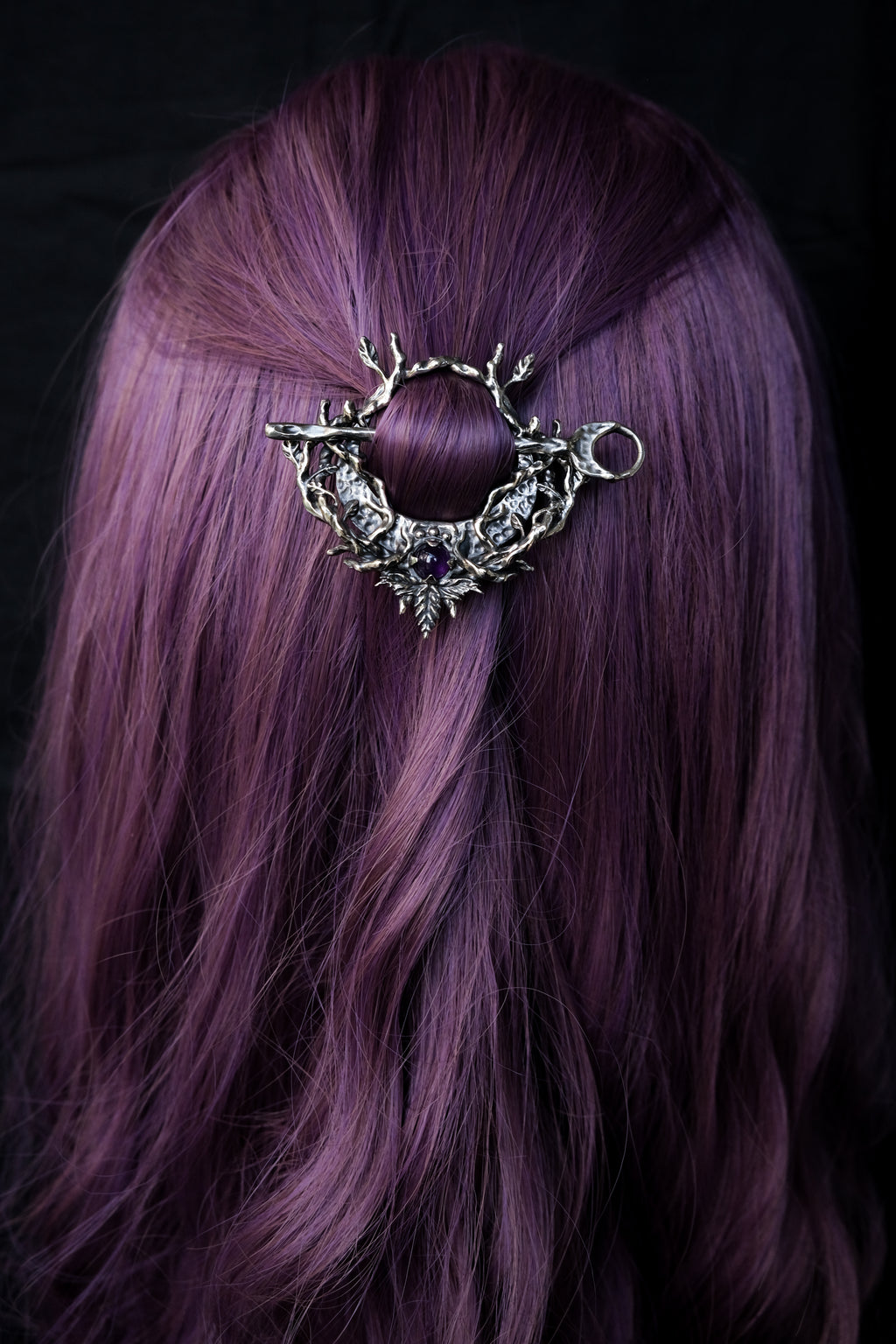 Crescent moon hairpin with amethyst