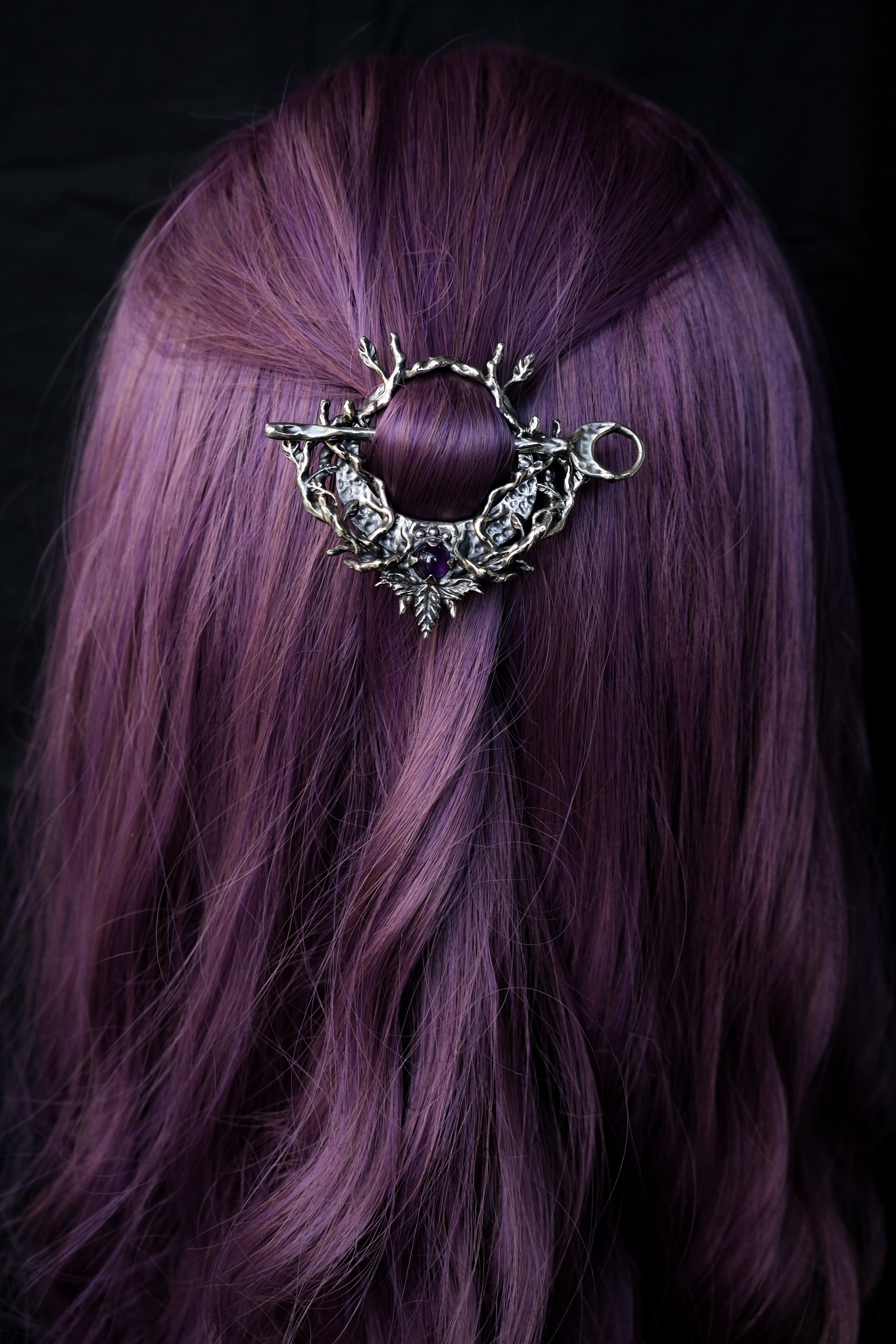 Crescent moon hairpin with amethyst