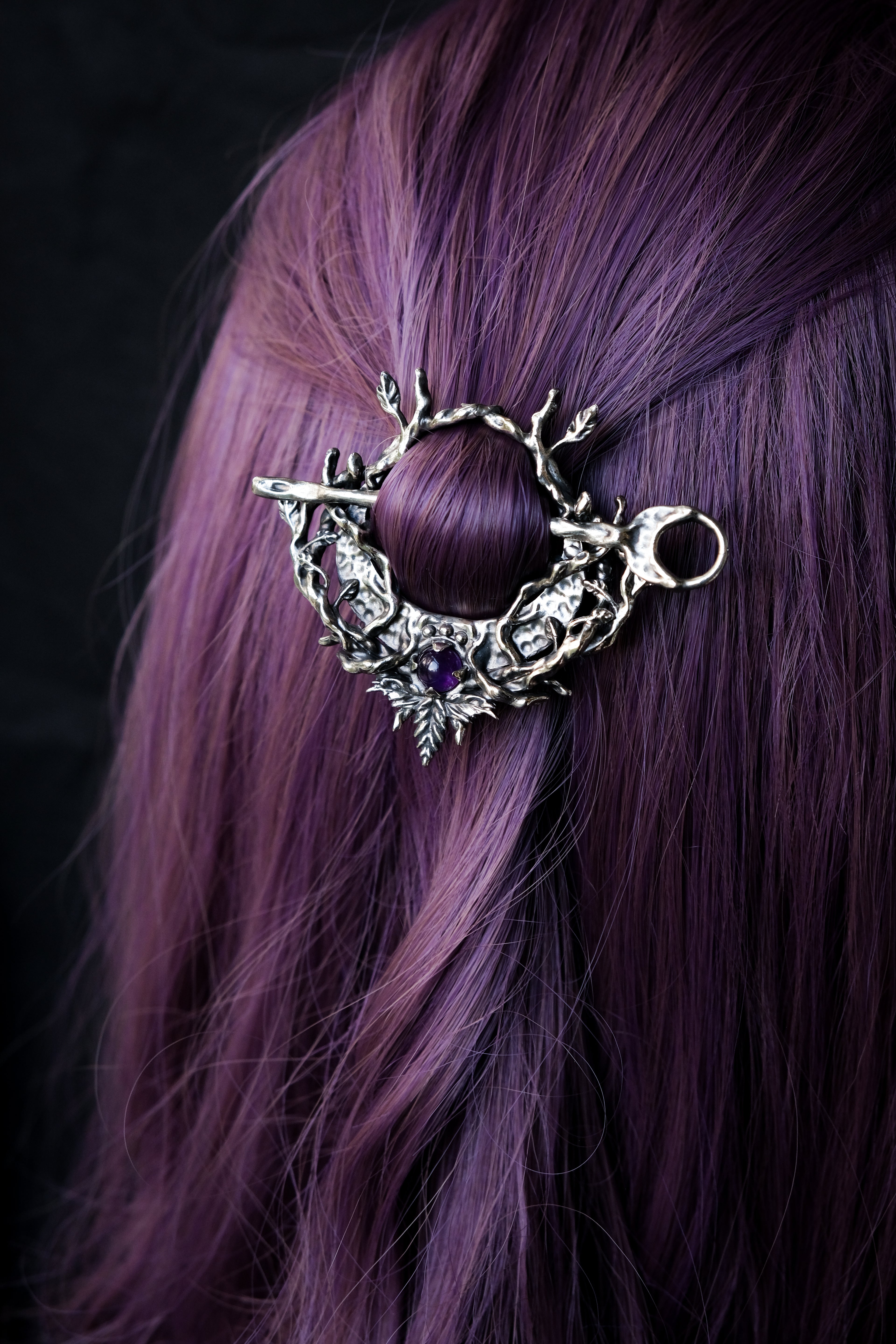 Crescent moon hairpin with amethyst