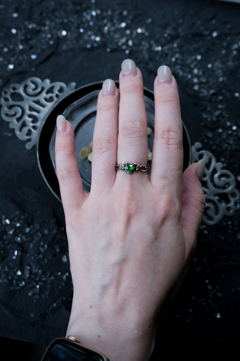 Elven branch ring with green fianite