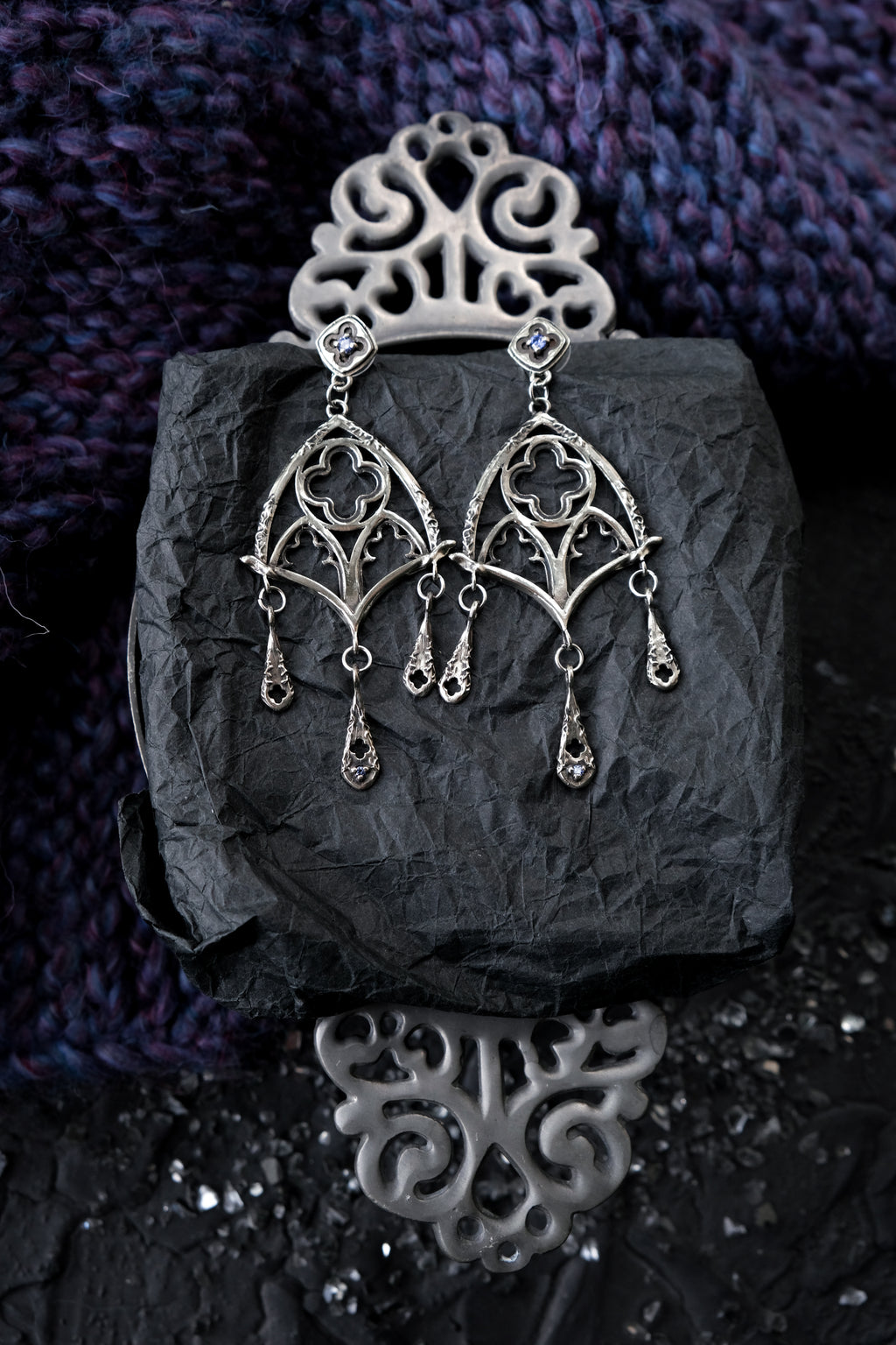 Gothic window earrings with violet fianite