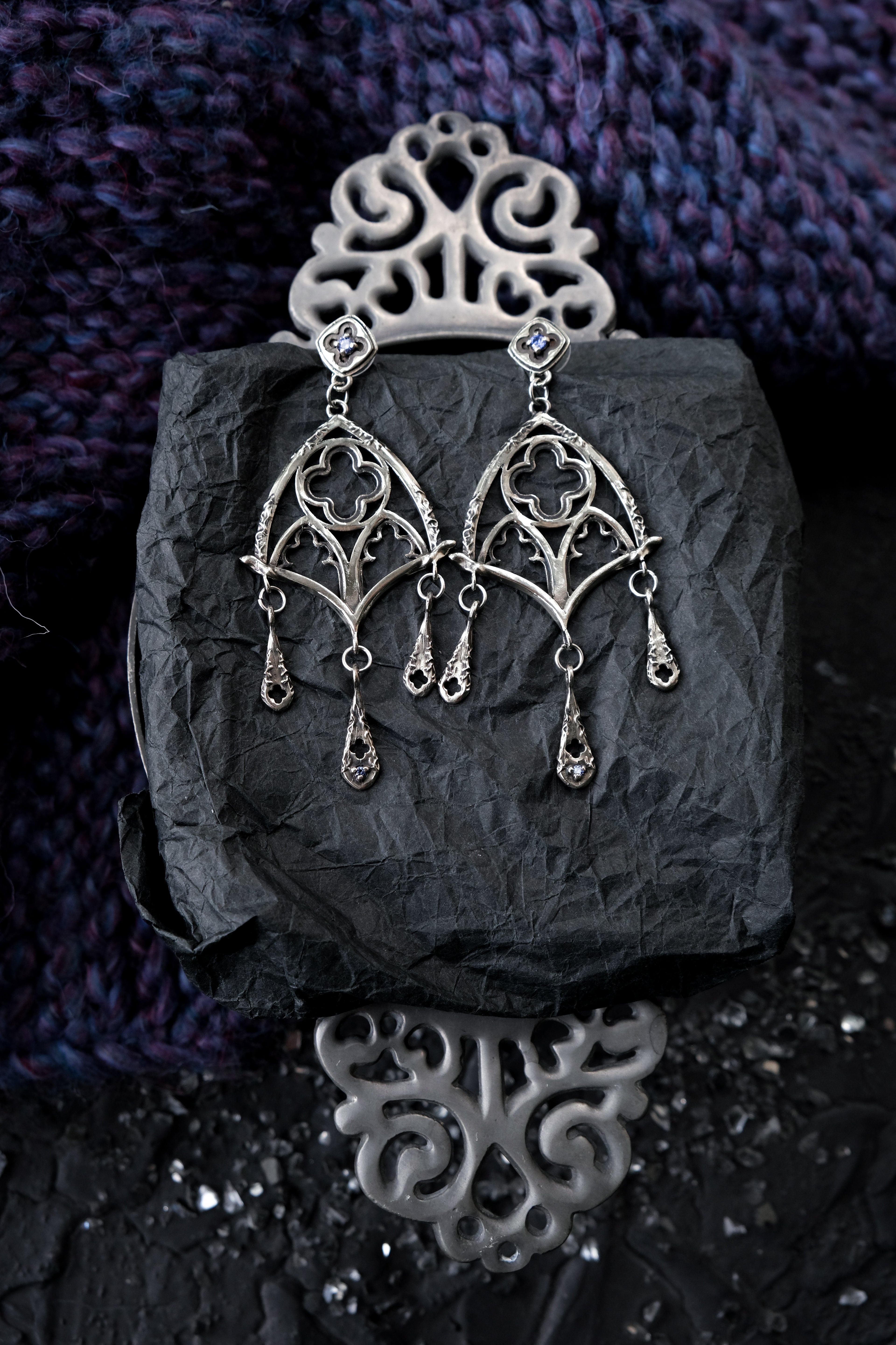 Gothic window earrings with violet fianite
