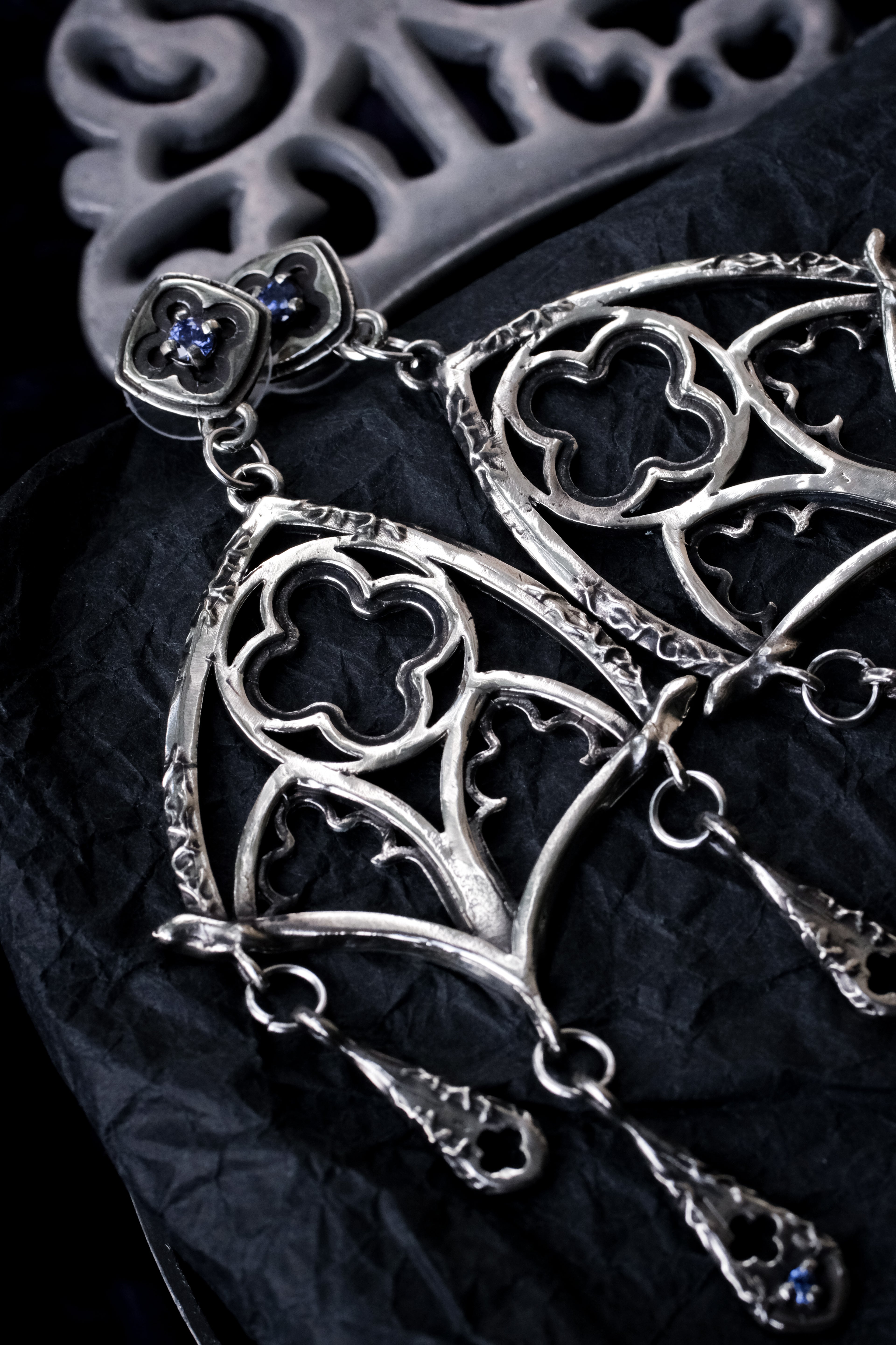 Gothic window earrings with violet fianite