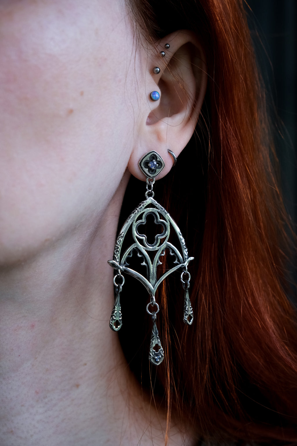 Gothic window earrings with violet fianite