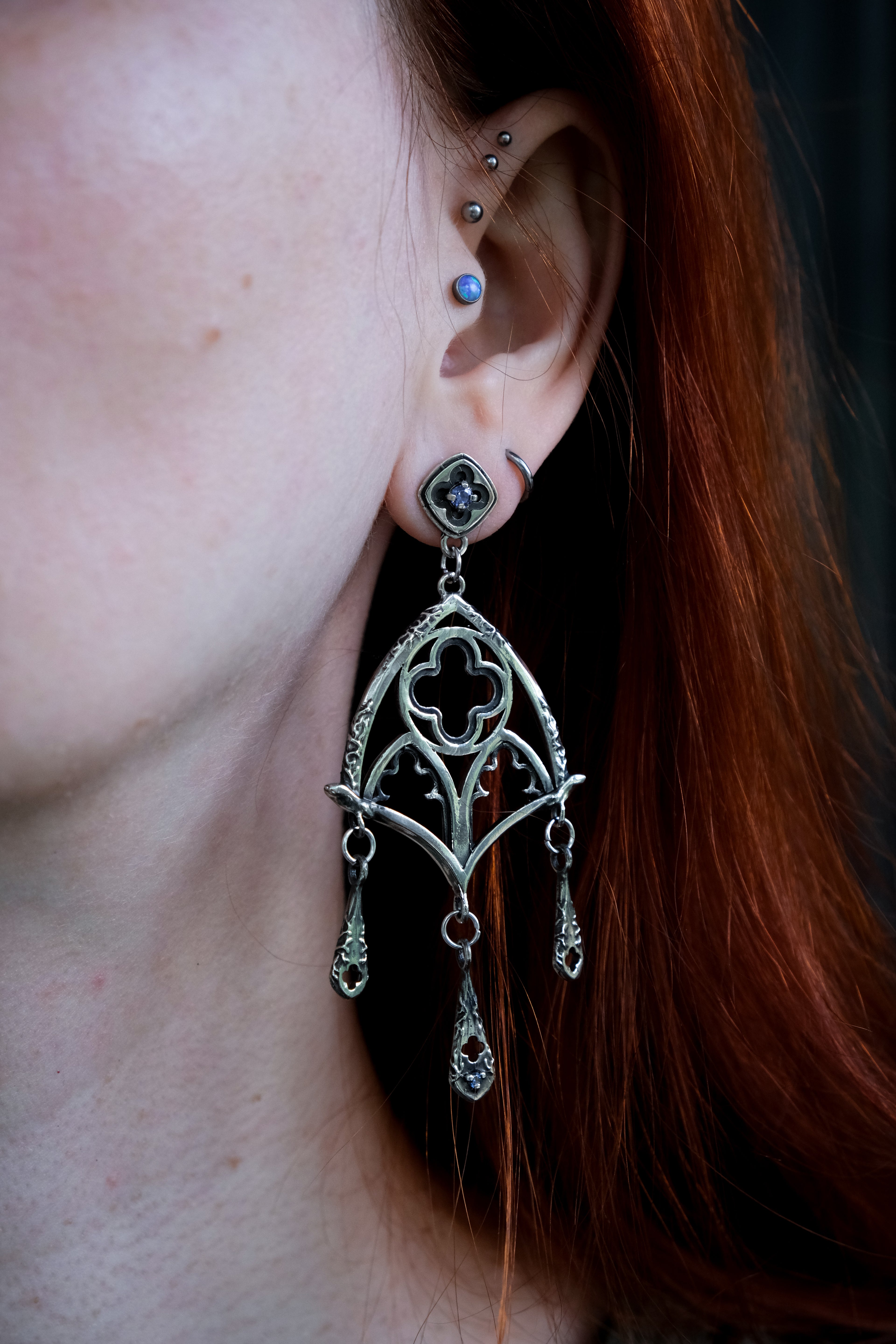 Gothic window earrings with violet fianite