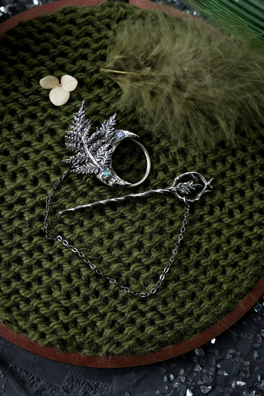 Crescent moon hairpin with ferns (topaz, fianite, syntetic saphire)