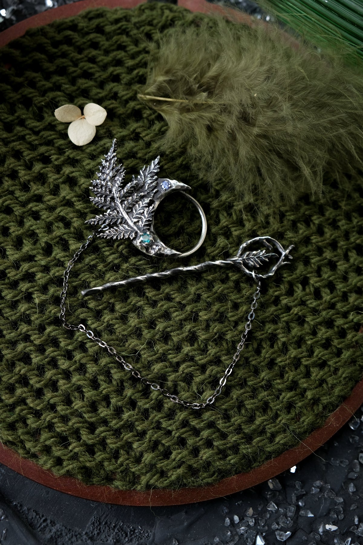 Crescent moon hairpin with ferns (topaz, fianite, syntetic saphire)