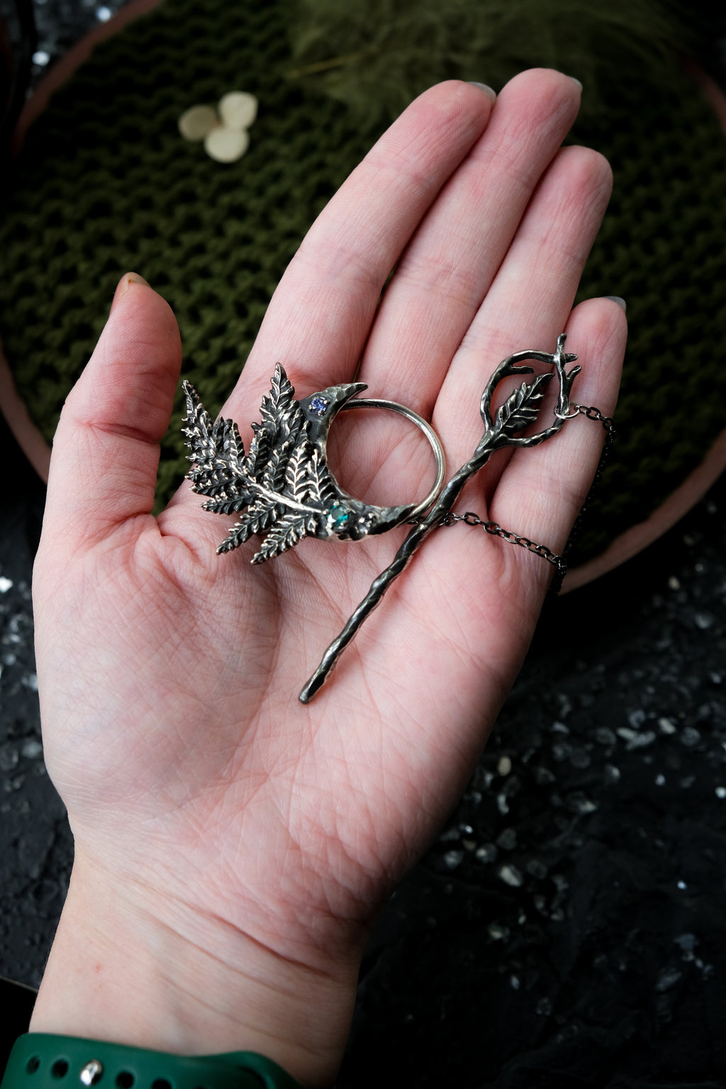 Crescent moon hairpin with ferns (topaz, fianite, syntetic saphire)